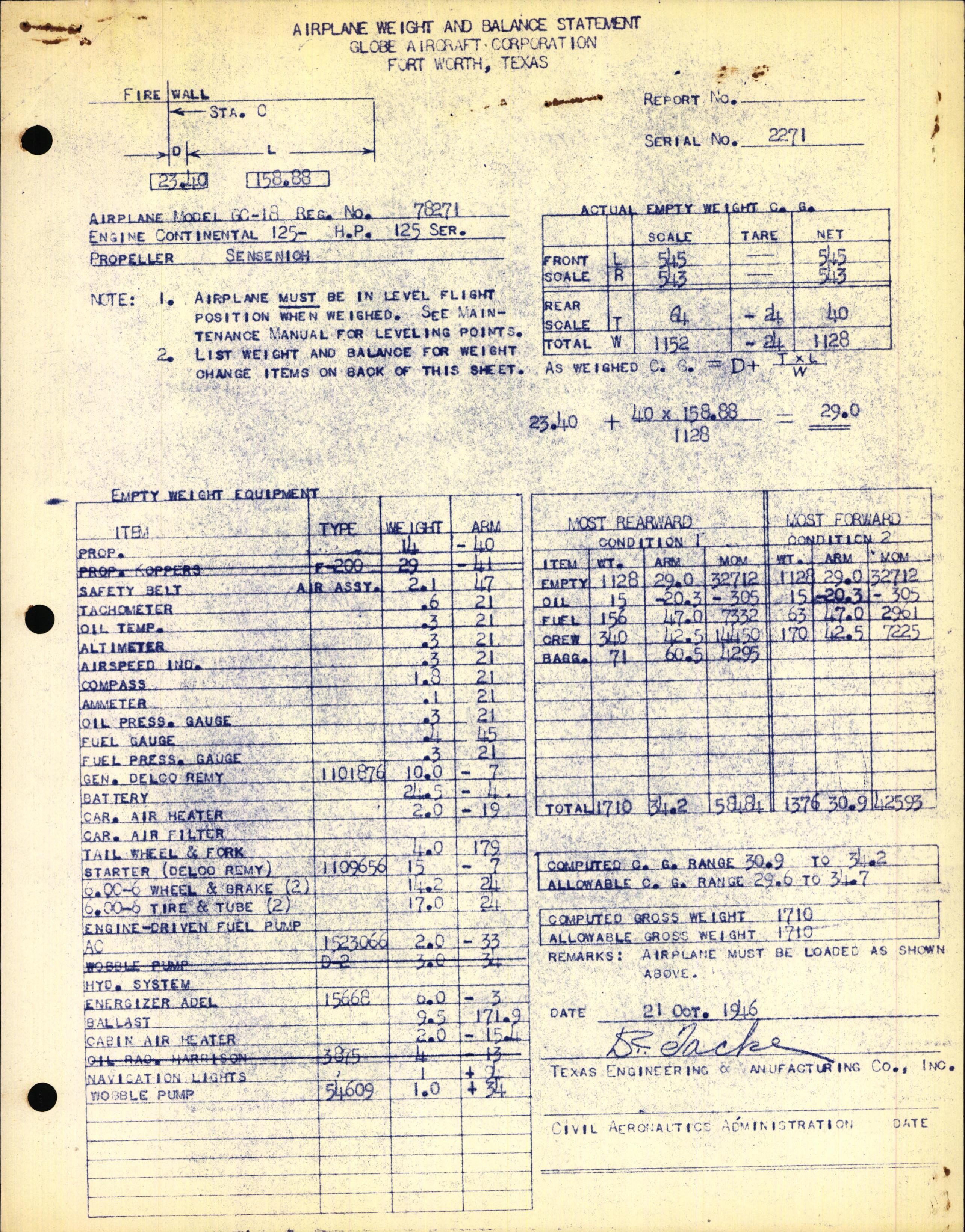 Sample page 1 from AirCorps Library document: Technical Information for Serial Number 2271