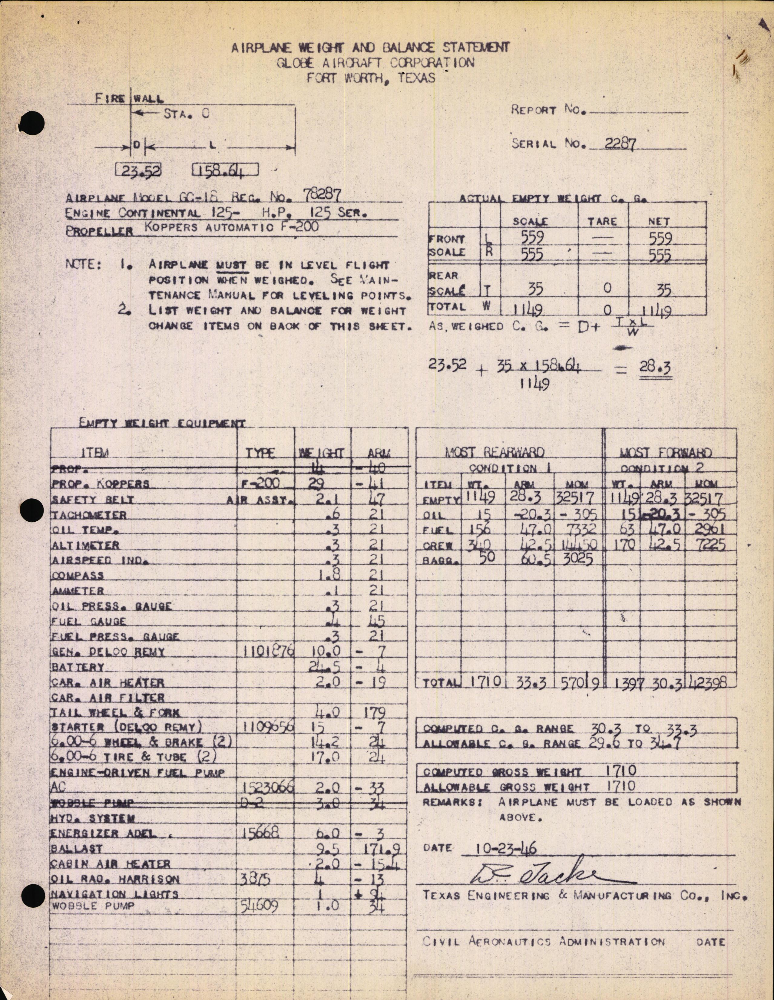 Sample page 2 from AirCorps Library document: Technical Information for Serial Number 2287