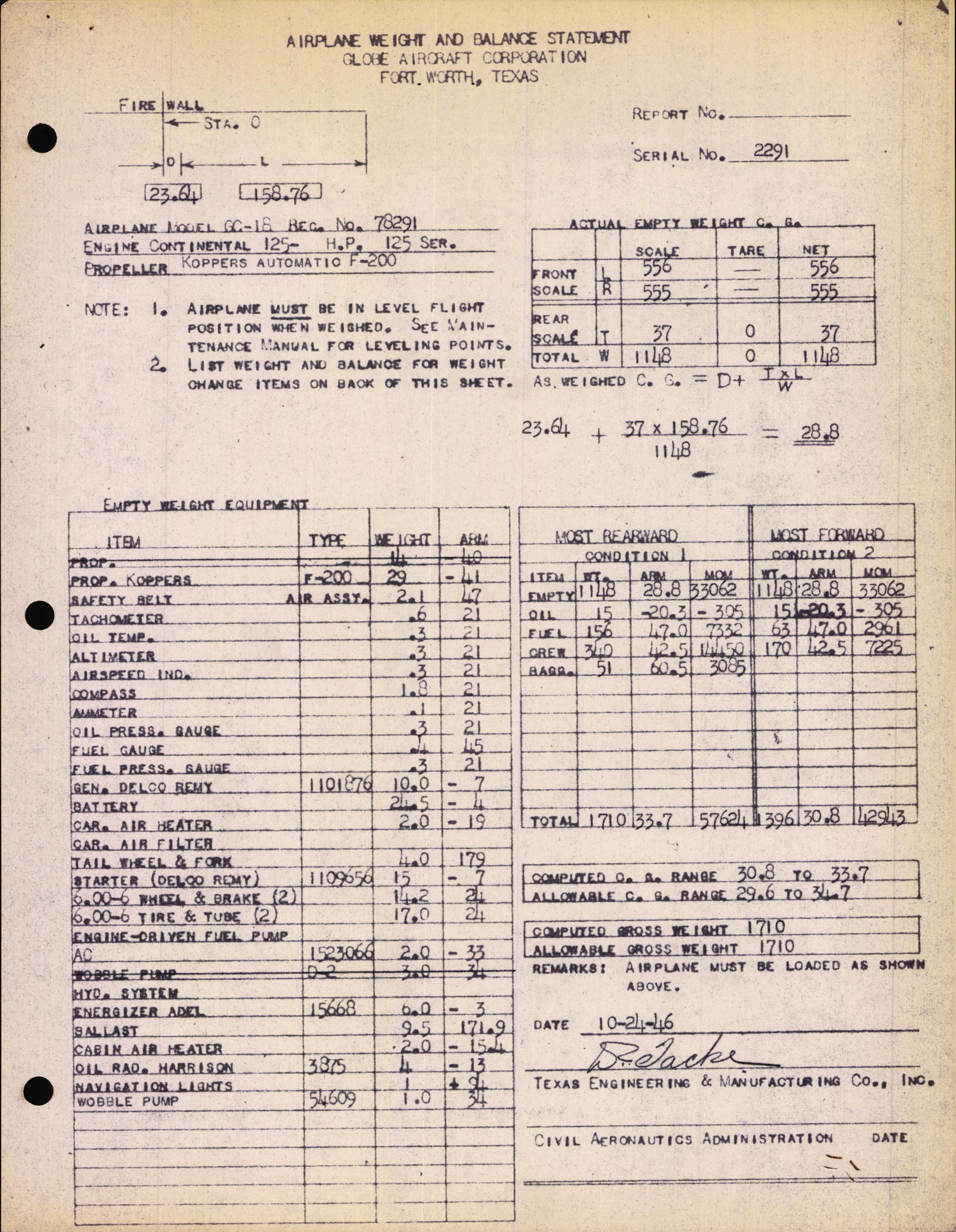 Sample page 2 from AirCorps Library document: Technical Information for Serial Number 2291
