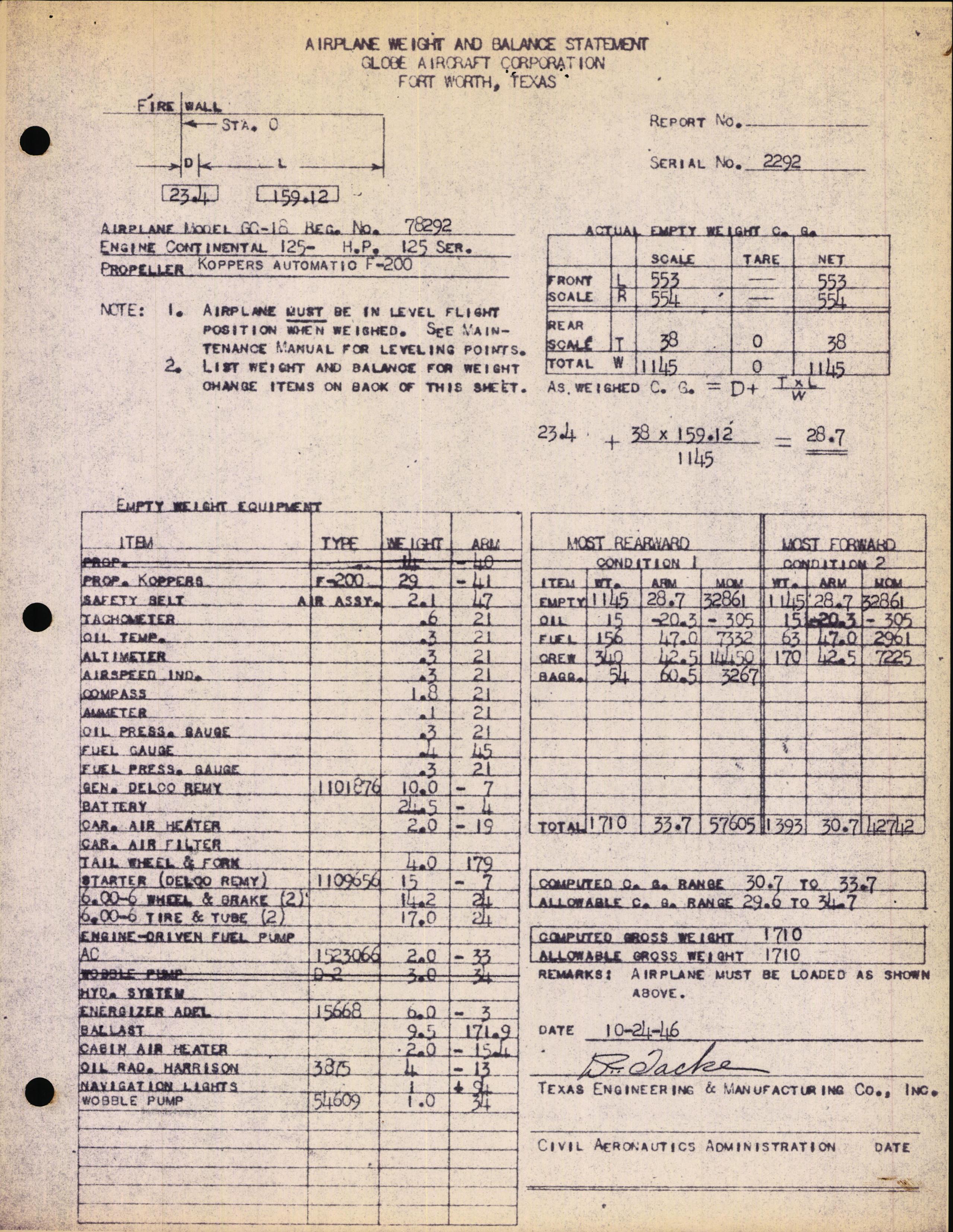 Sample page 2 from AirCorps Library document: Technical Information for Serial Number 2292