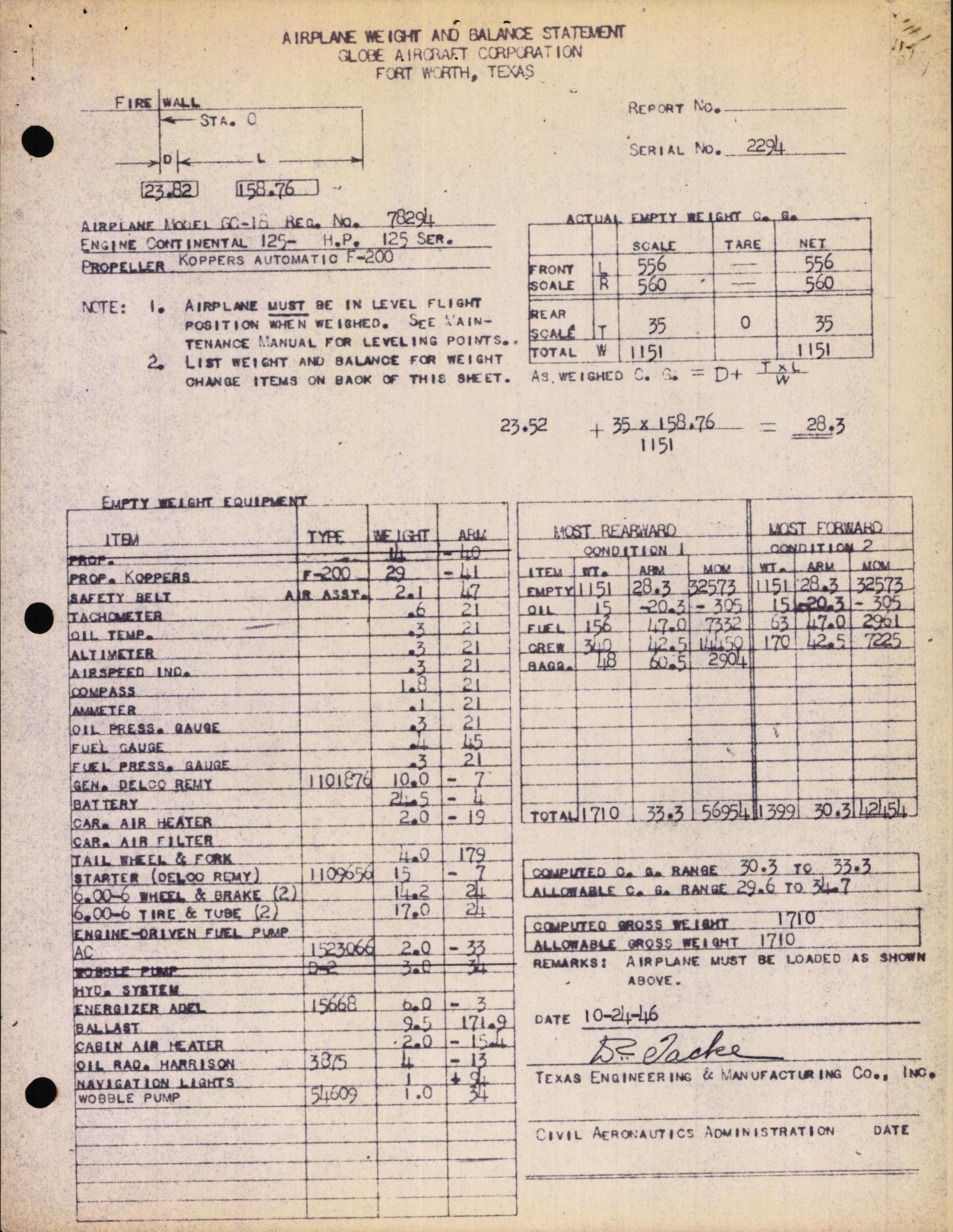 Sample page 2 from AirCorps Library document: Technical Information for Serial Number 2294