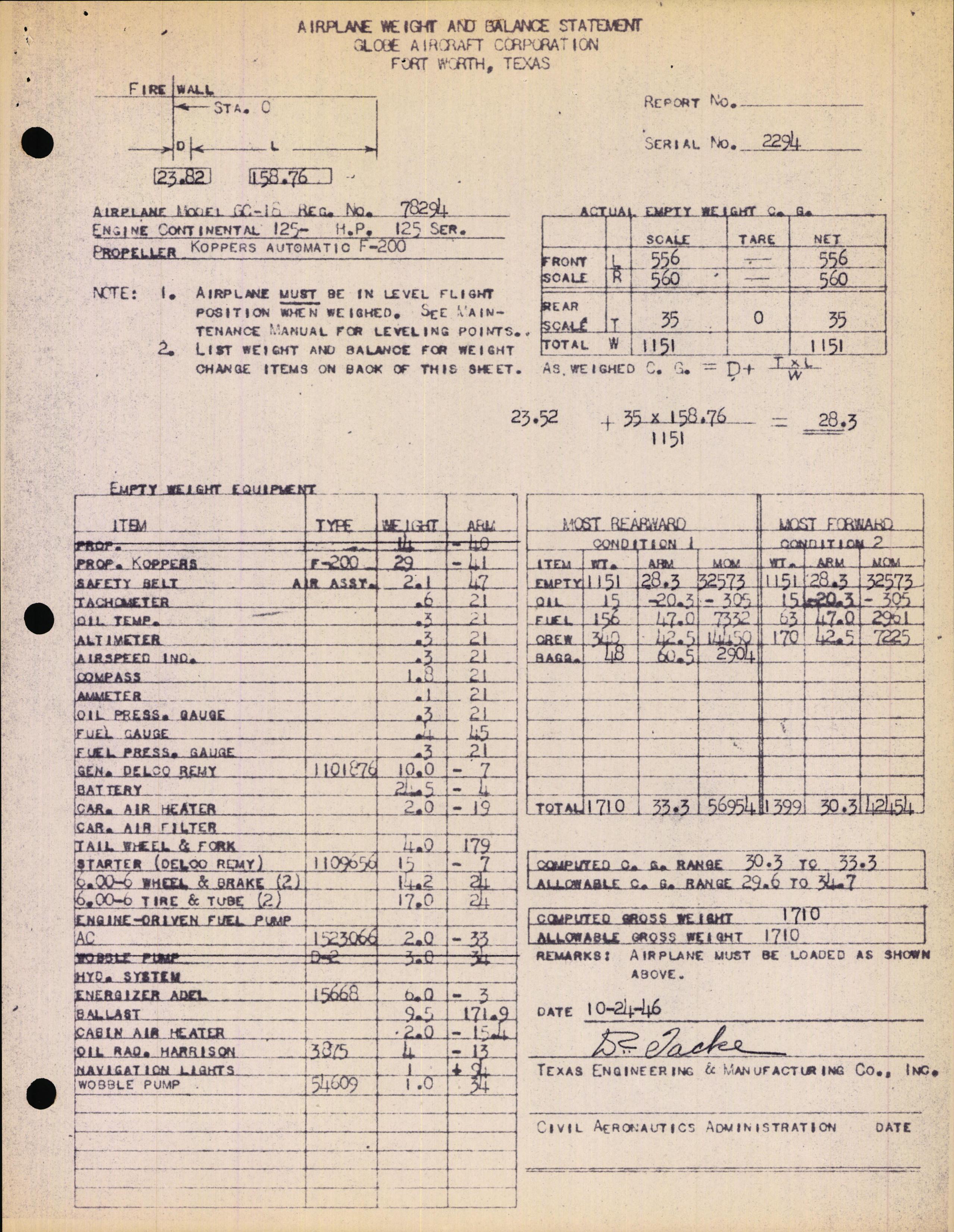 Sample page 4 from AirCorps Library document: Technical Information for Serial Number 2294