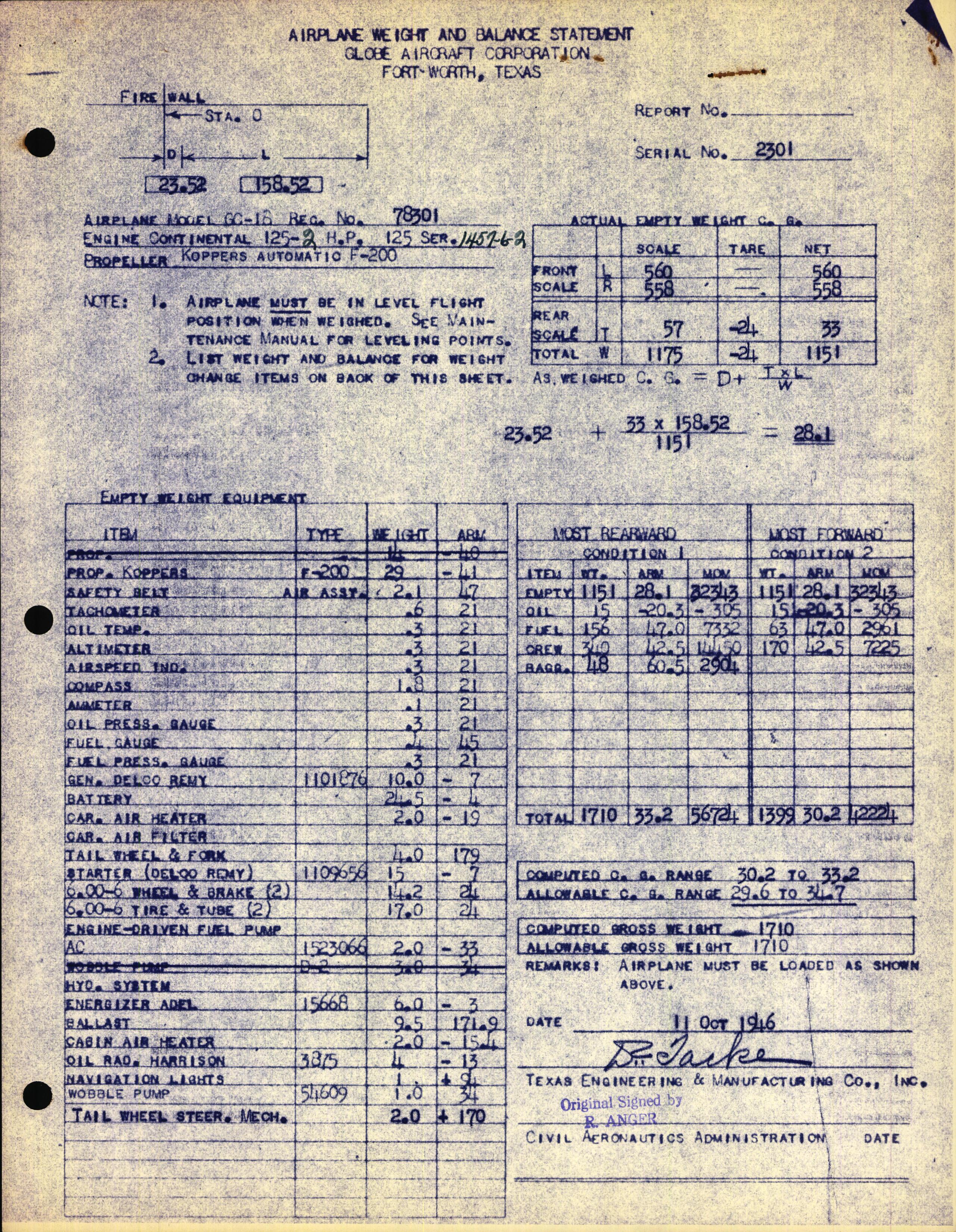 Sample page 1 from AirCorps Library document: Technical Information for Serial Number 2301