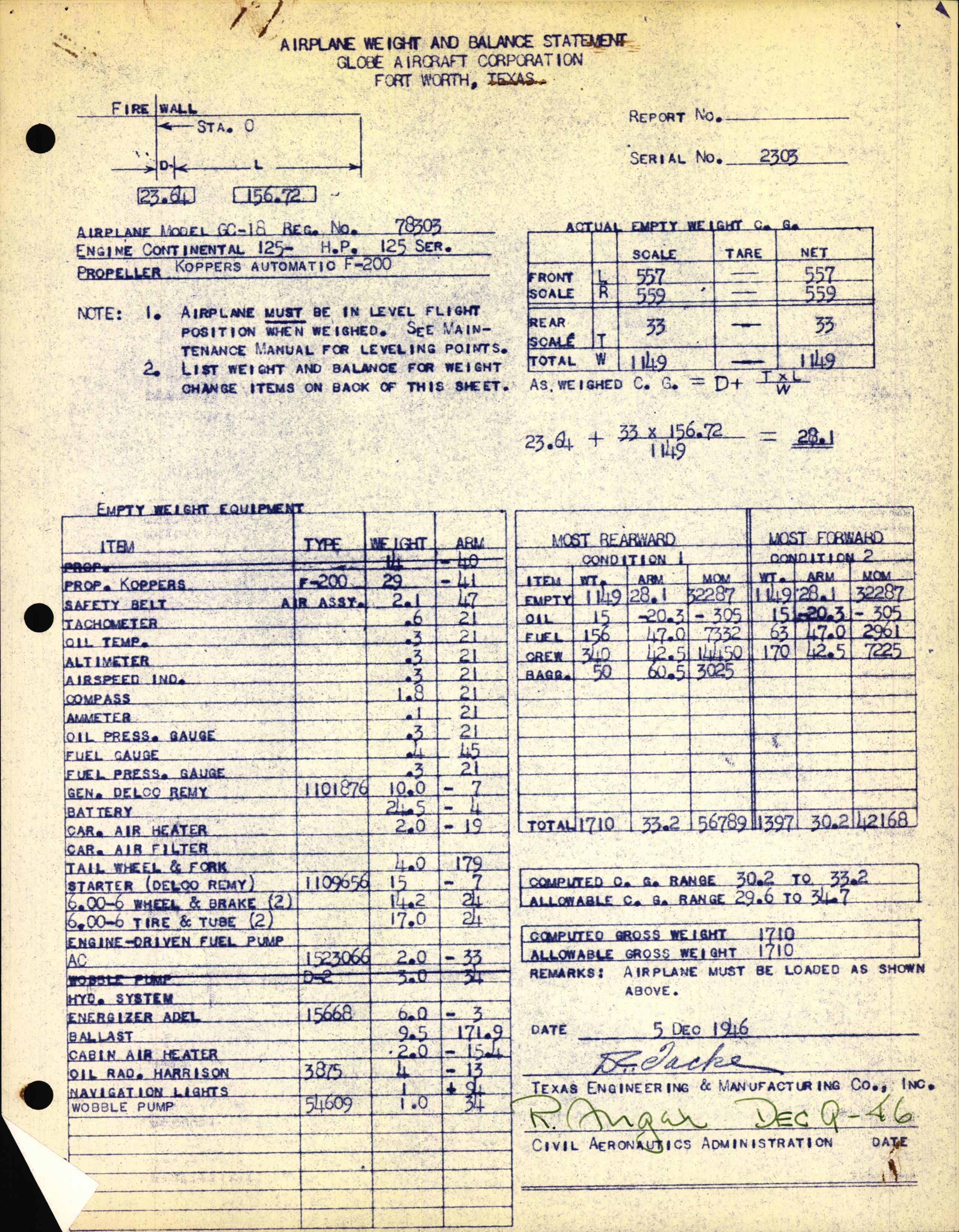 Sample page 1 from AirCorps Library document: Technical Information for Serial Number 2303