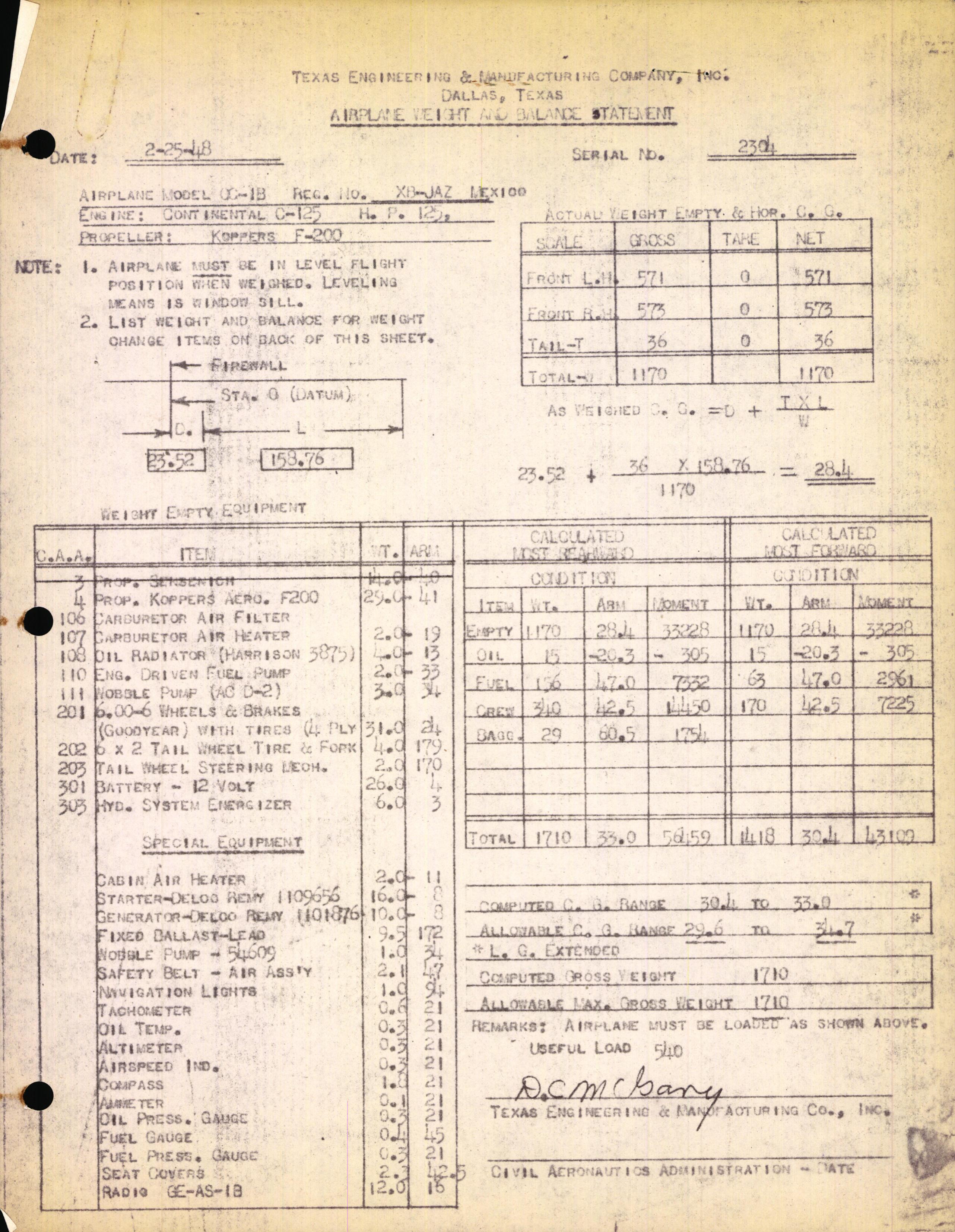 Sample page 1 from AirCorps Library document: Technical Information for Serial Number 2304
