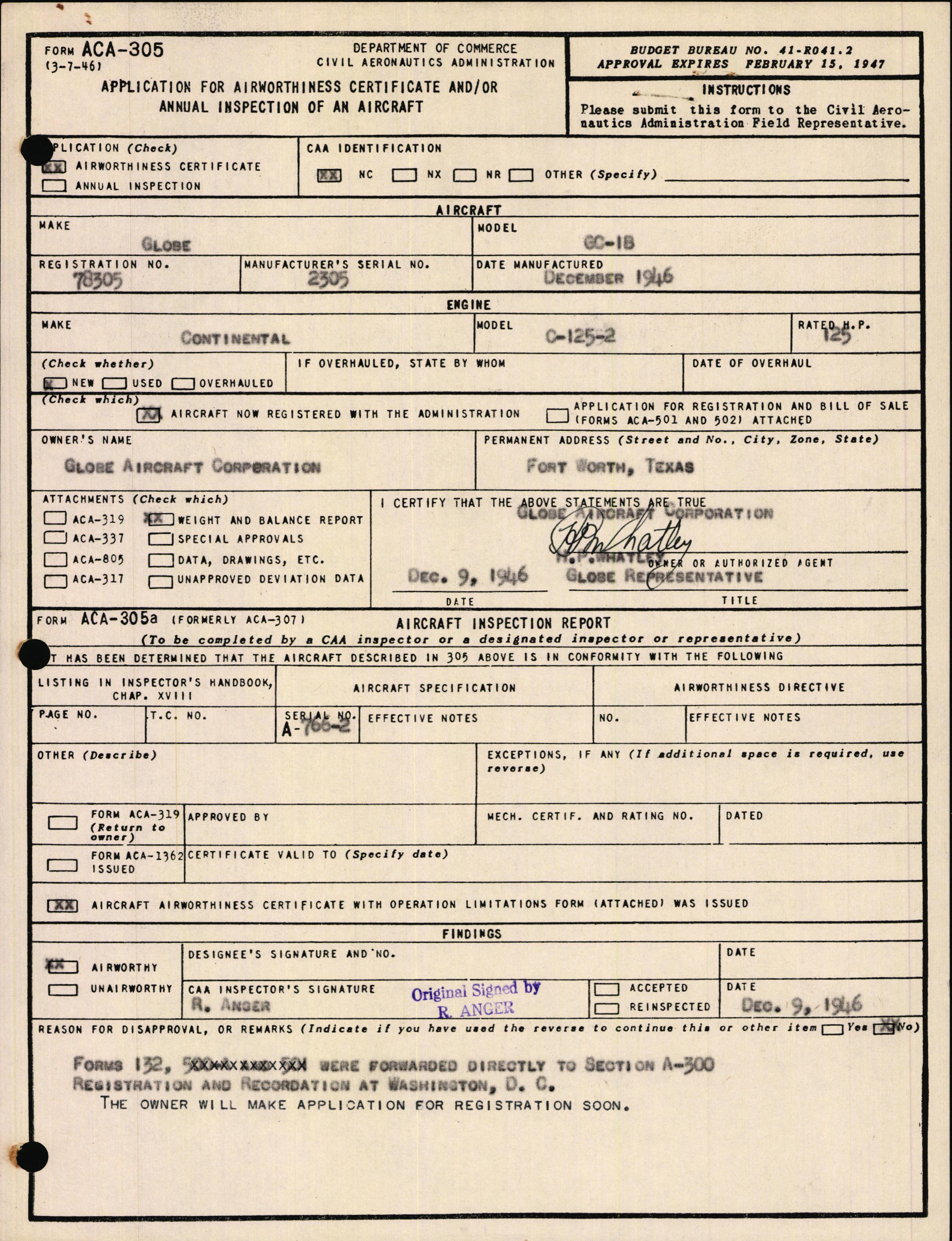 Sample page 1 from AirCorps Library document: Technical Information for Serial Number 2305