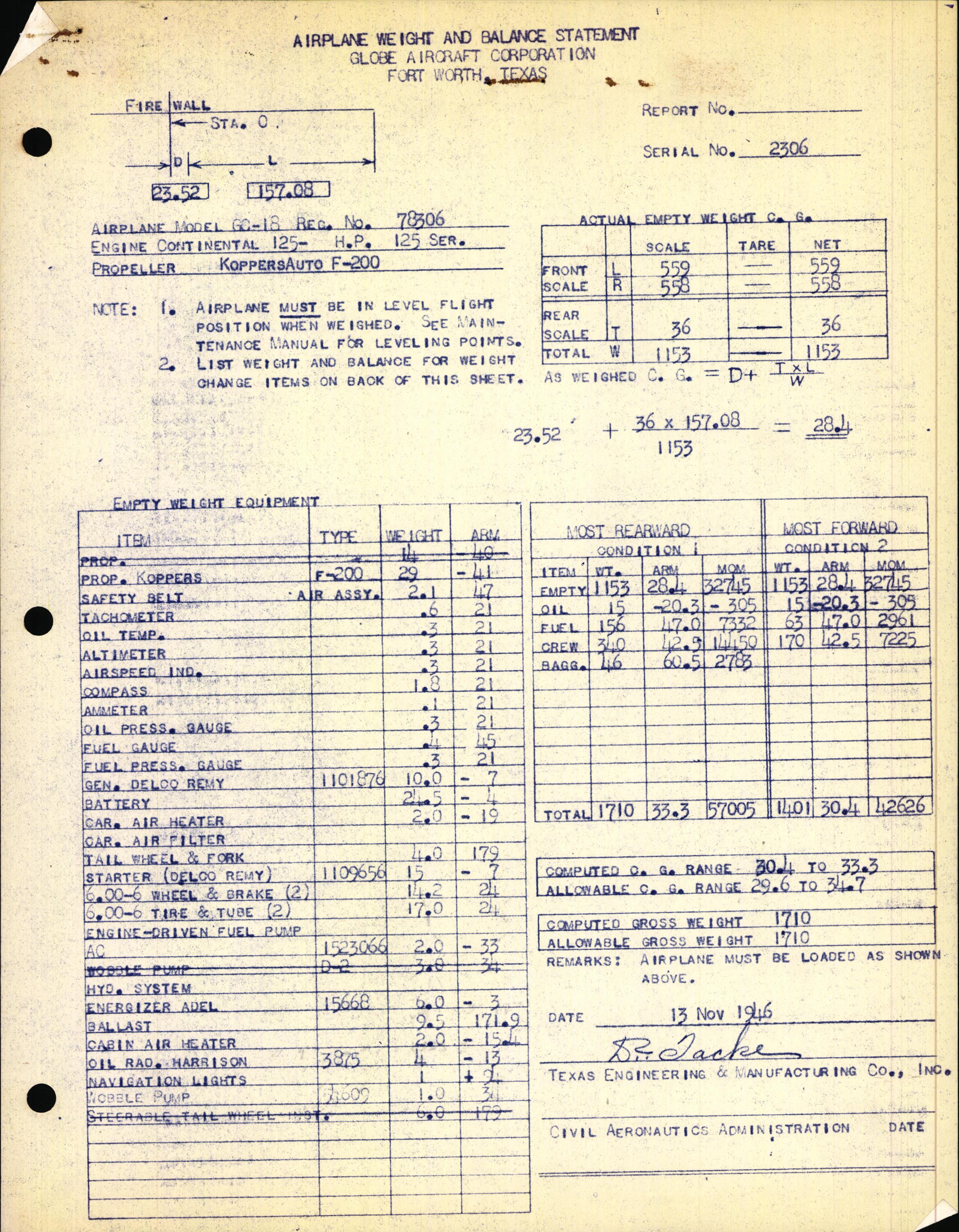 Sample page 1 from AirCorps Library document: Technical Information for Serial Number 2306