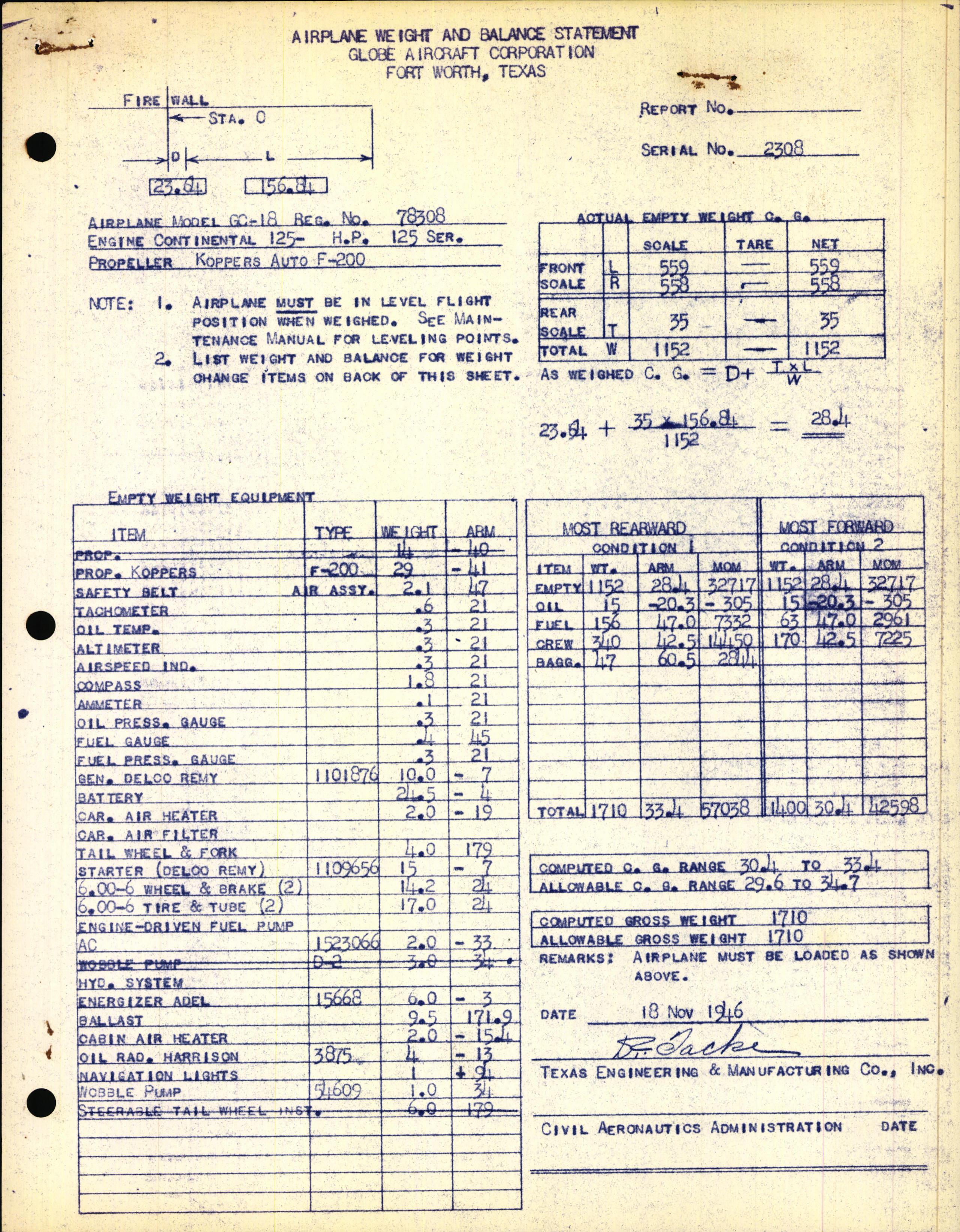 Sample page 1 from AirCorps Library document: Technical Information for Serial Number 2308