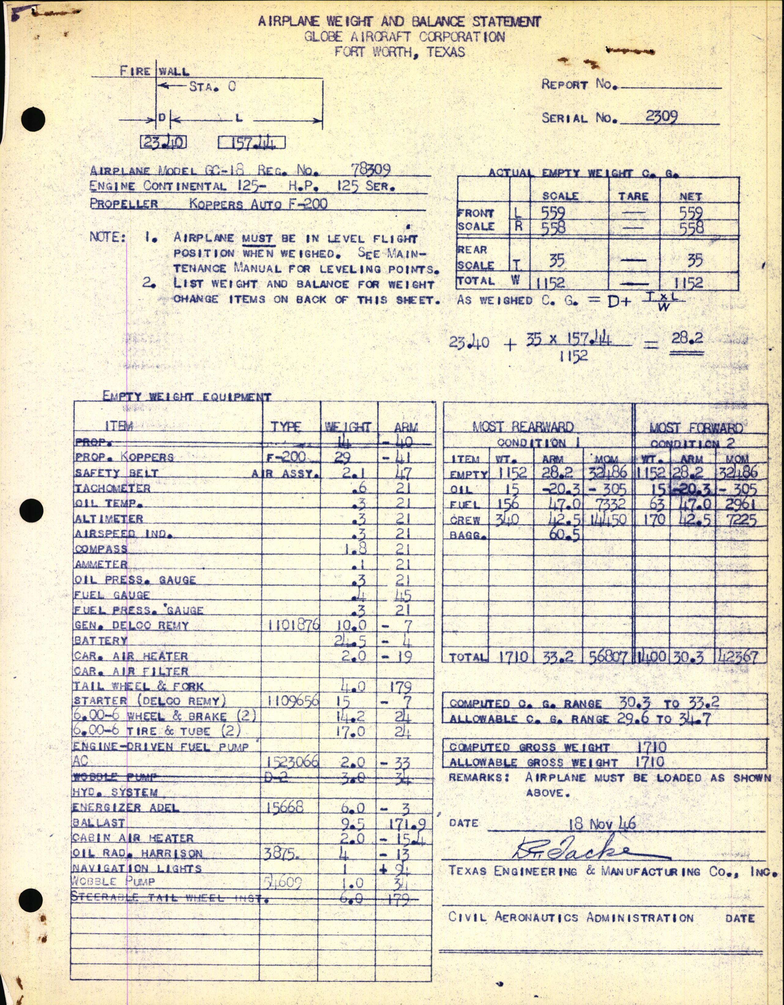 Sample page 1 from AirCorps Library document: Technical Information for Serial Number 2309