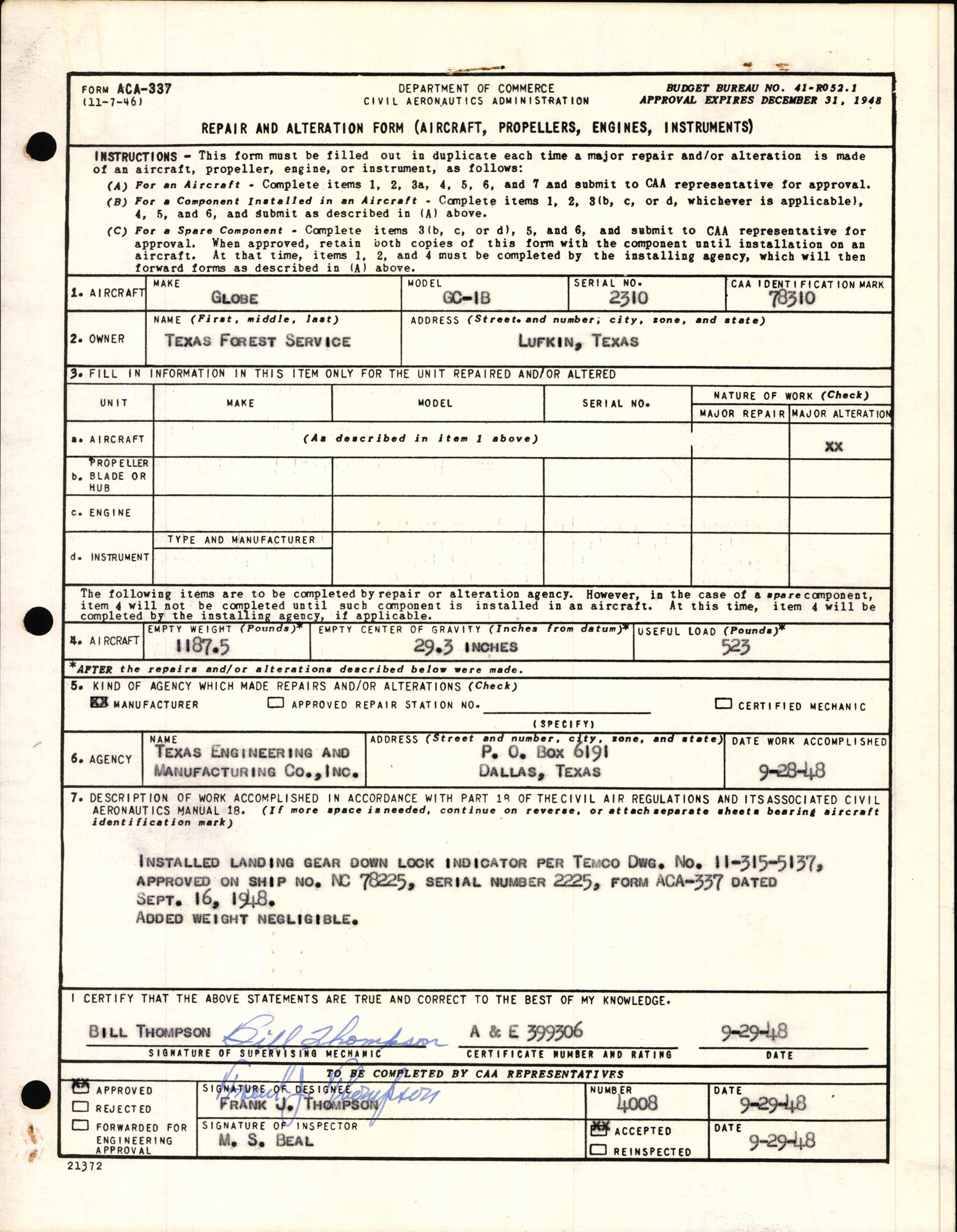 Sample page 3 from AirCorps Library document: Technical Information for Serial Number 2310