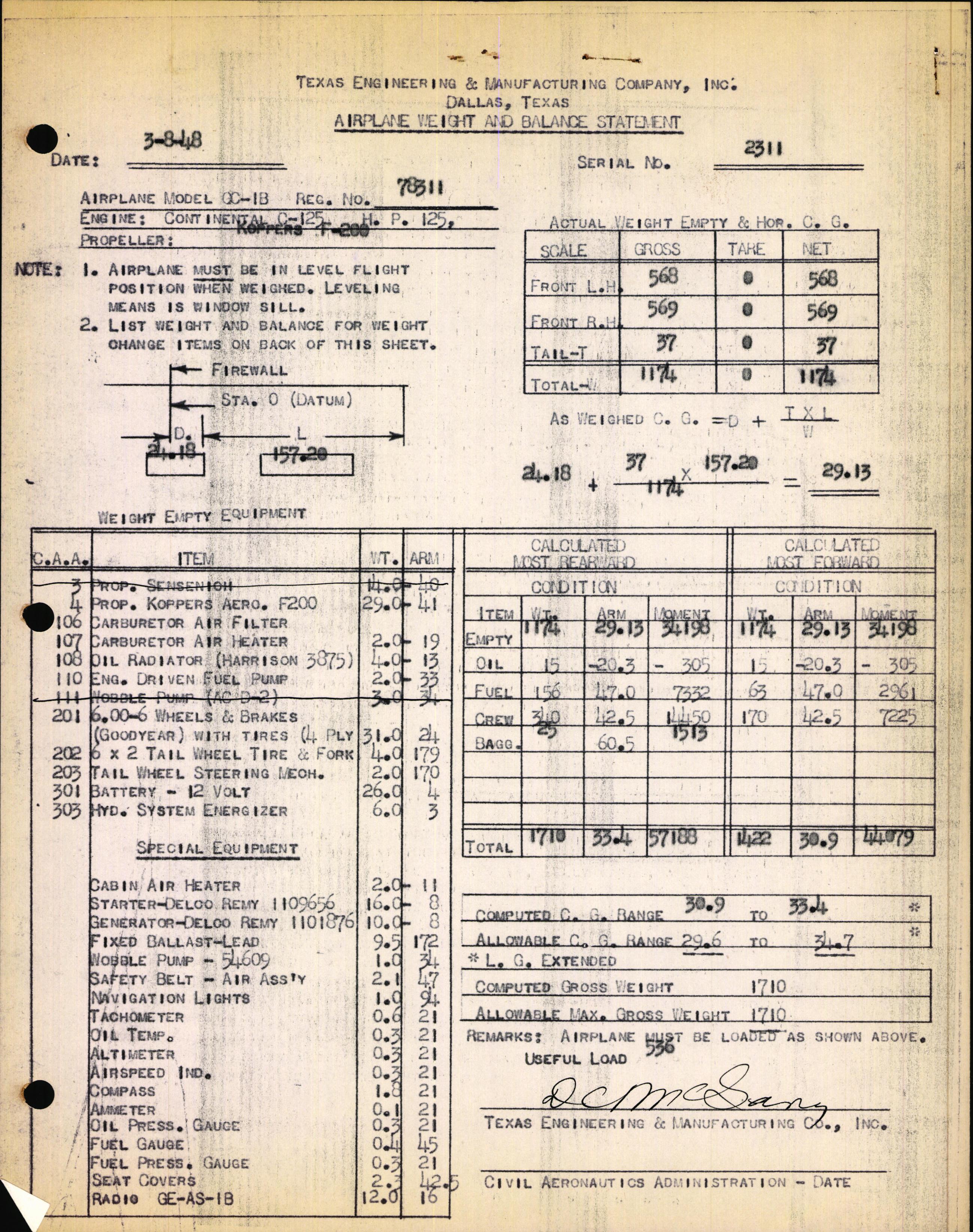 Sample page 1 from AirCorps Library document: Technical Information for Serial Number 2311