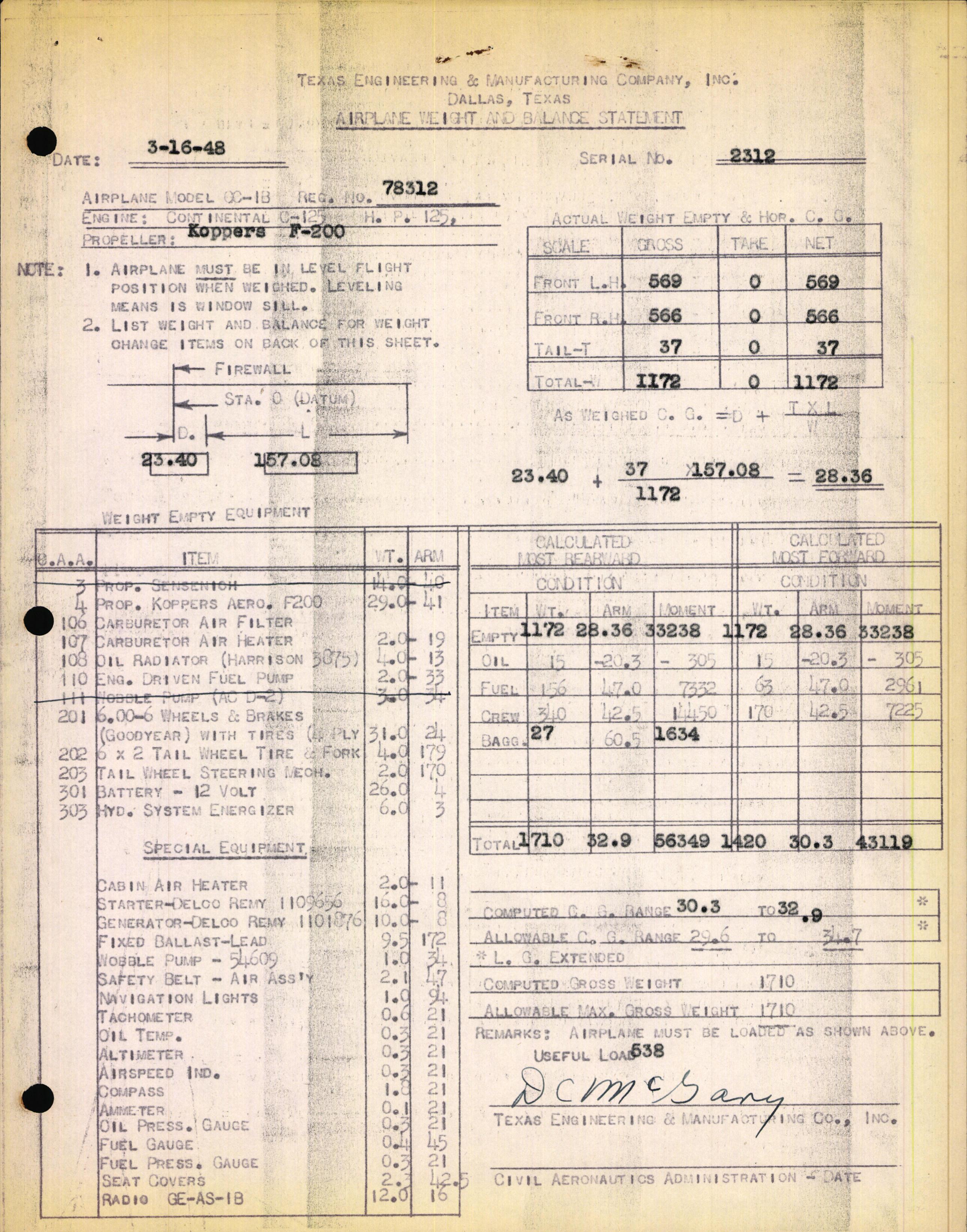 Sample page 1 from AirCorps Library document: Technical Information for Serial Number 2312
