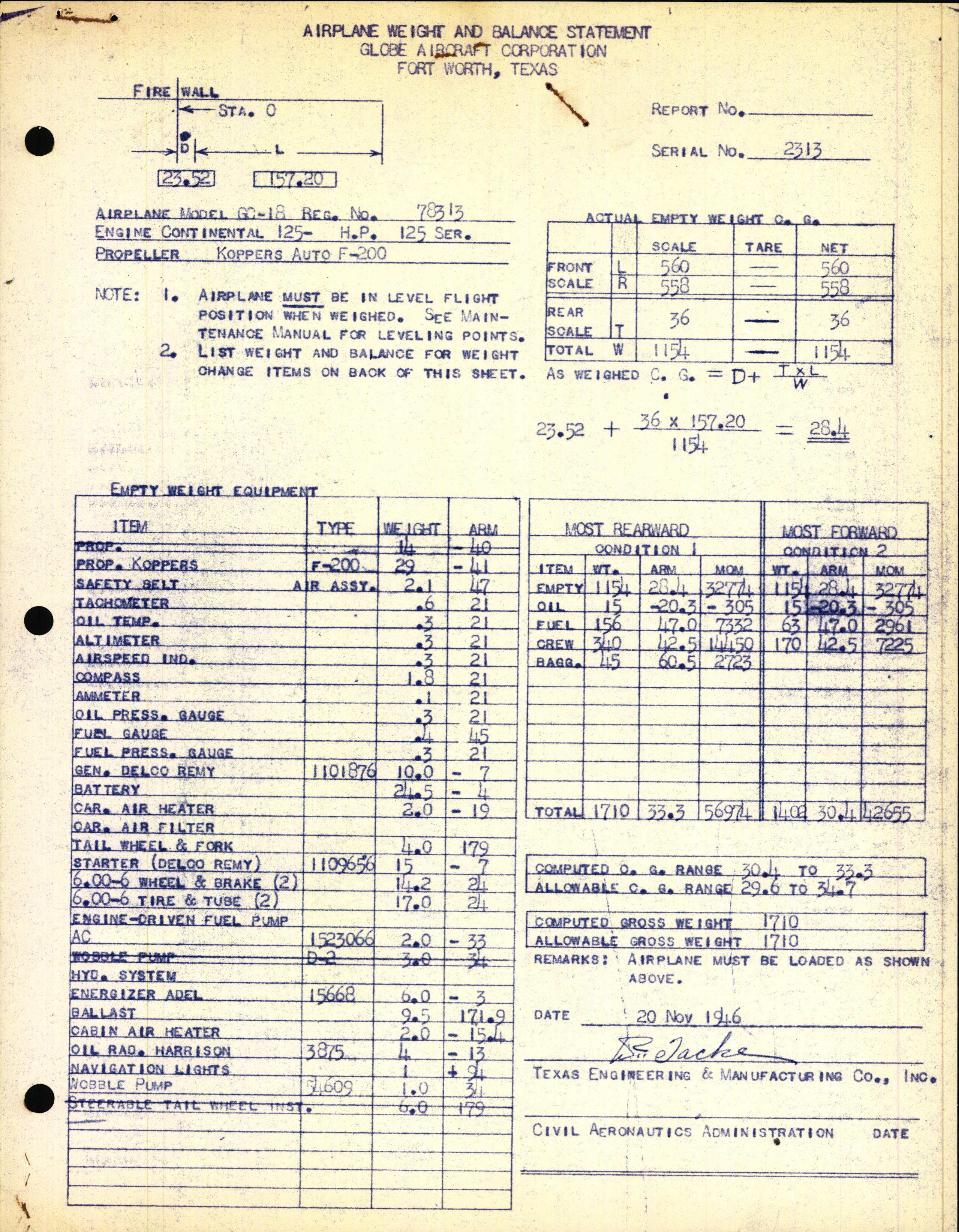 Sample page 1 from AirCorps Library document: Technical Information for Serial Number 2313