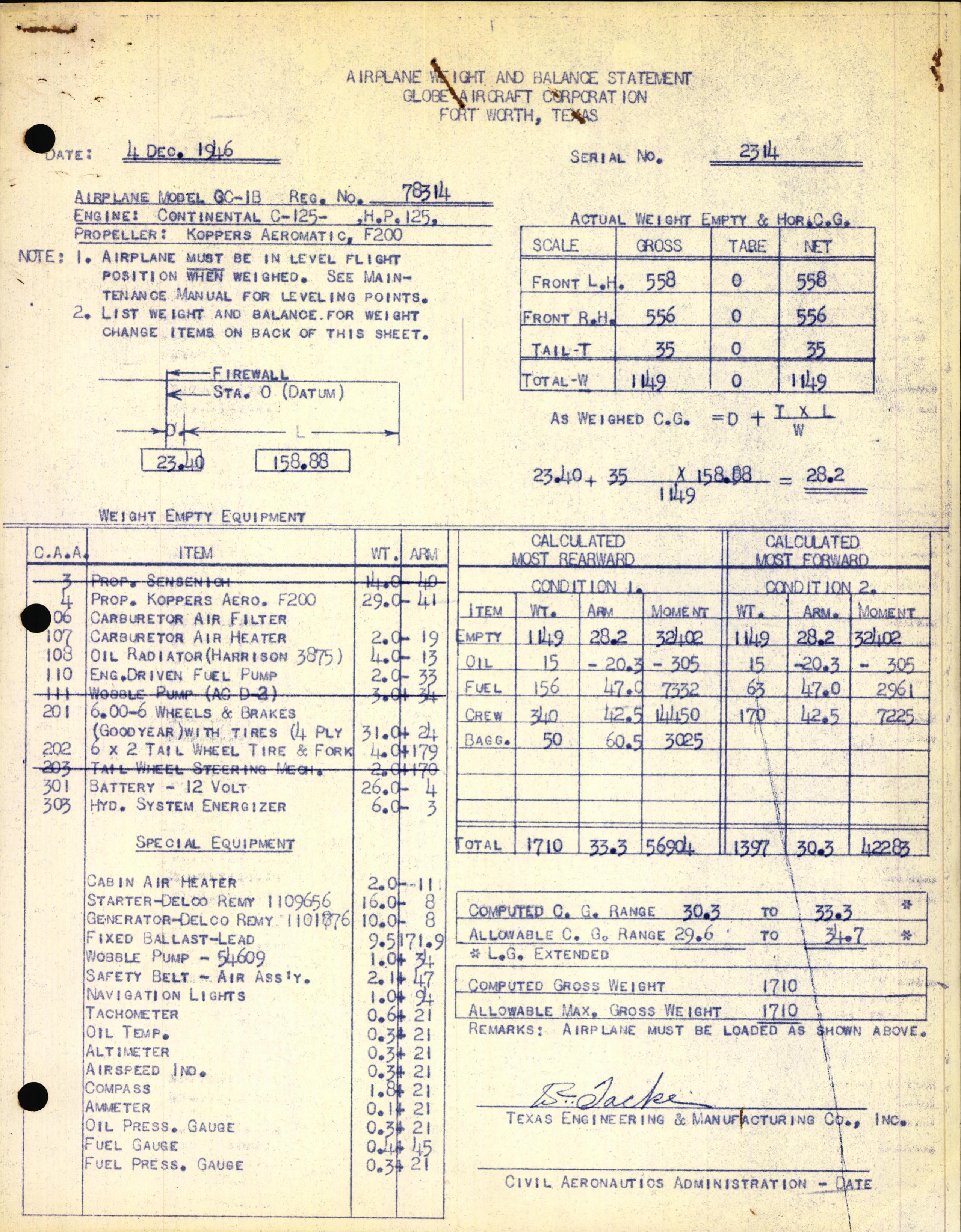 Sample page 1 from AirCorps Library document: Technical Information for Serial Number 2314