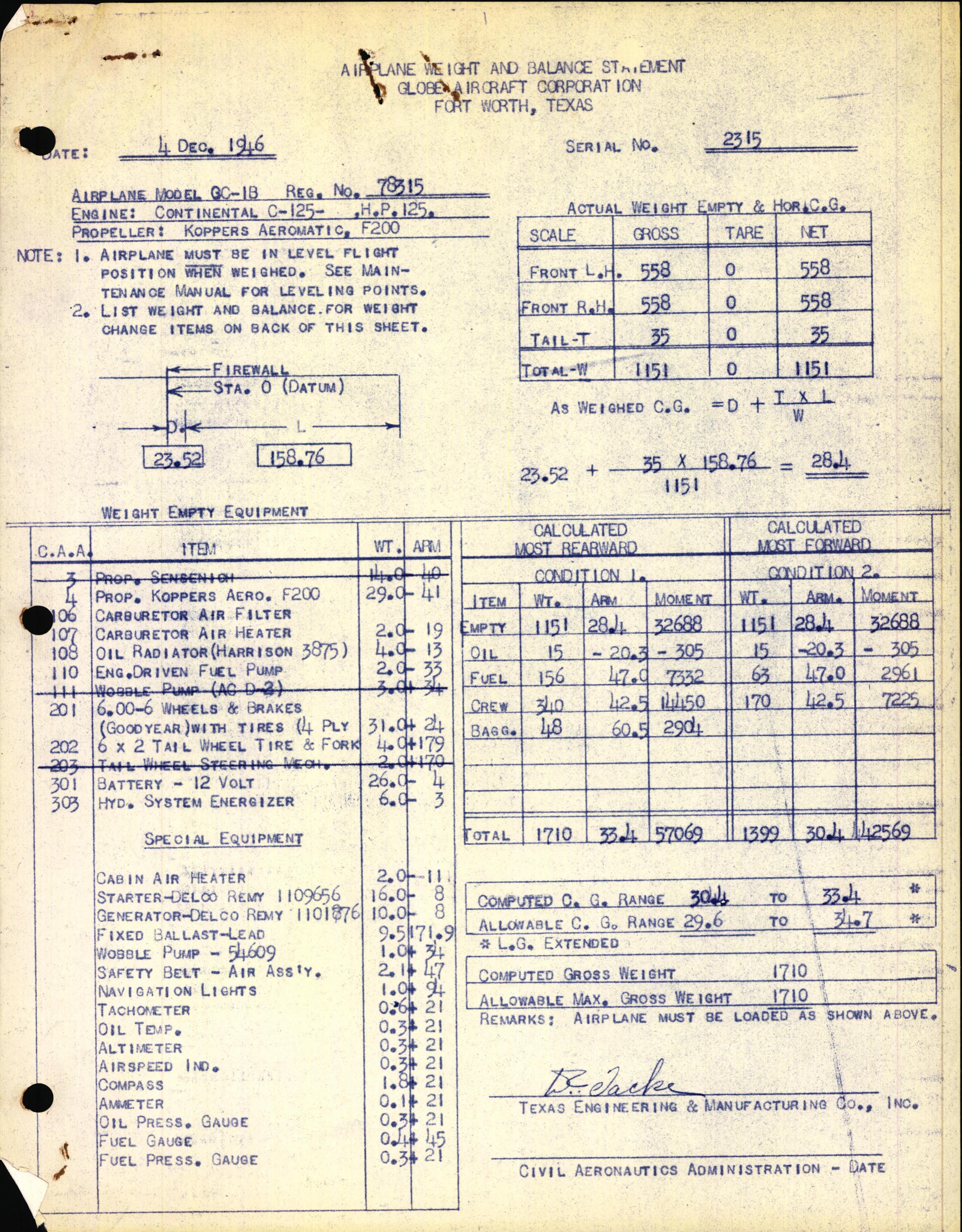 Sample page 1 from AirCorps Library document: Technical Information for Serial Number 2315