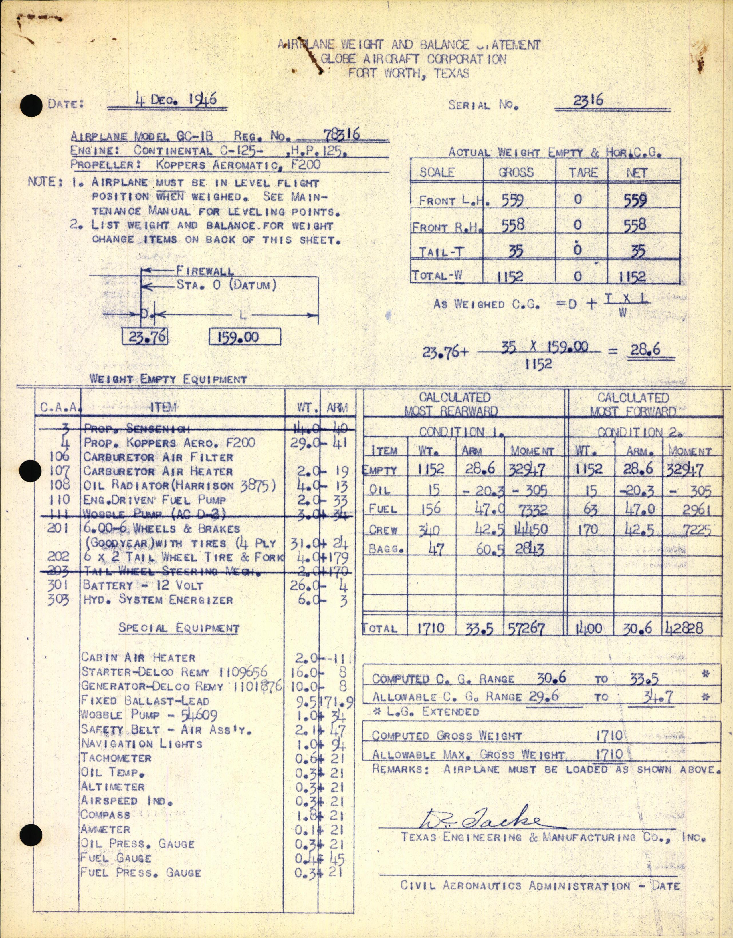 Sample page 1 from AirCorps Library document: Technical Information for Serial Number 2316