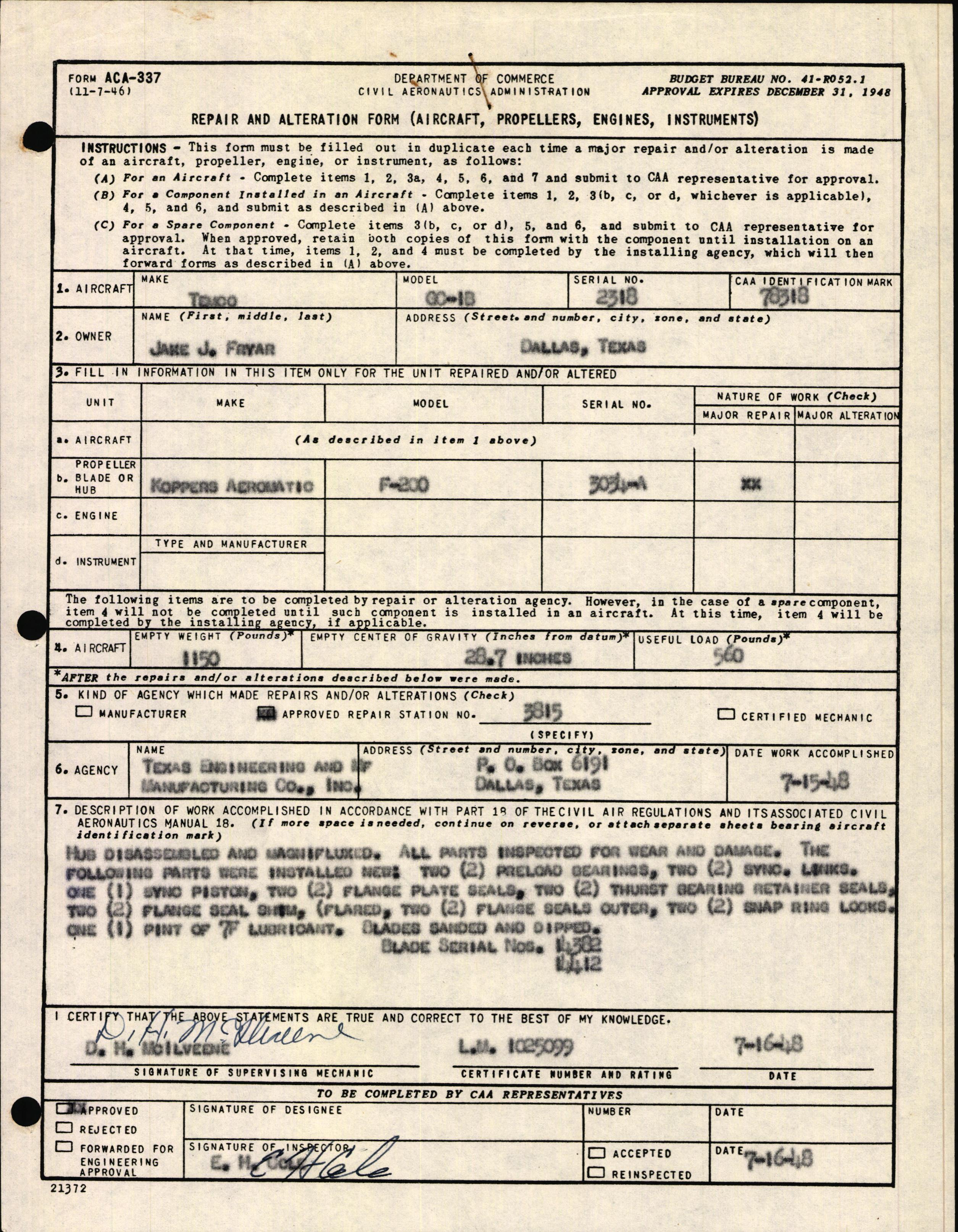 Sample page 1 from AirCorps Library document: Technical Information for Serial Number 2318