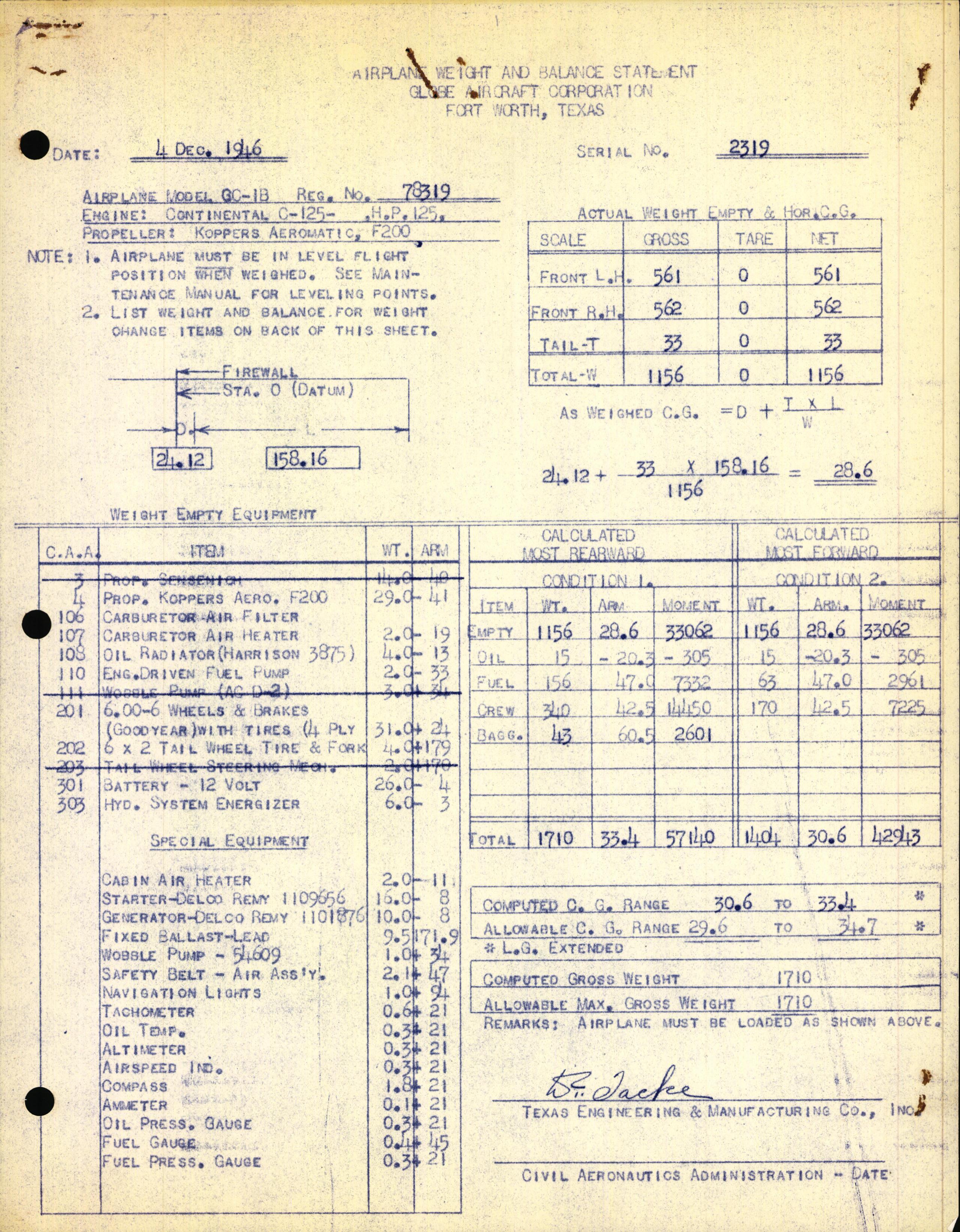 Sample page 1 from AirCorps Library document: Technical Information for Serial Number 2319