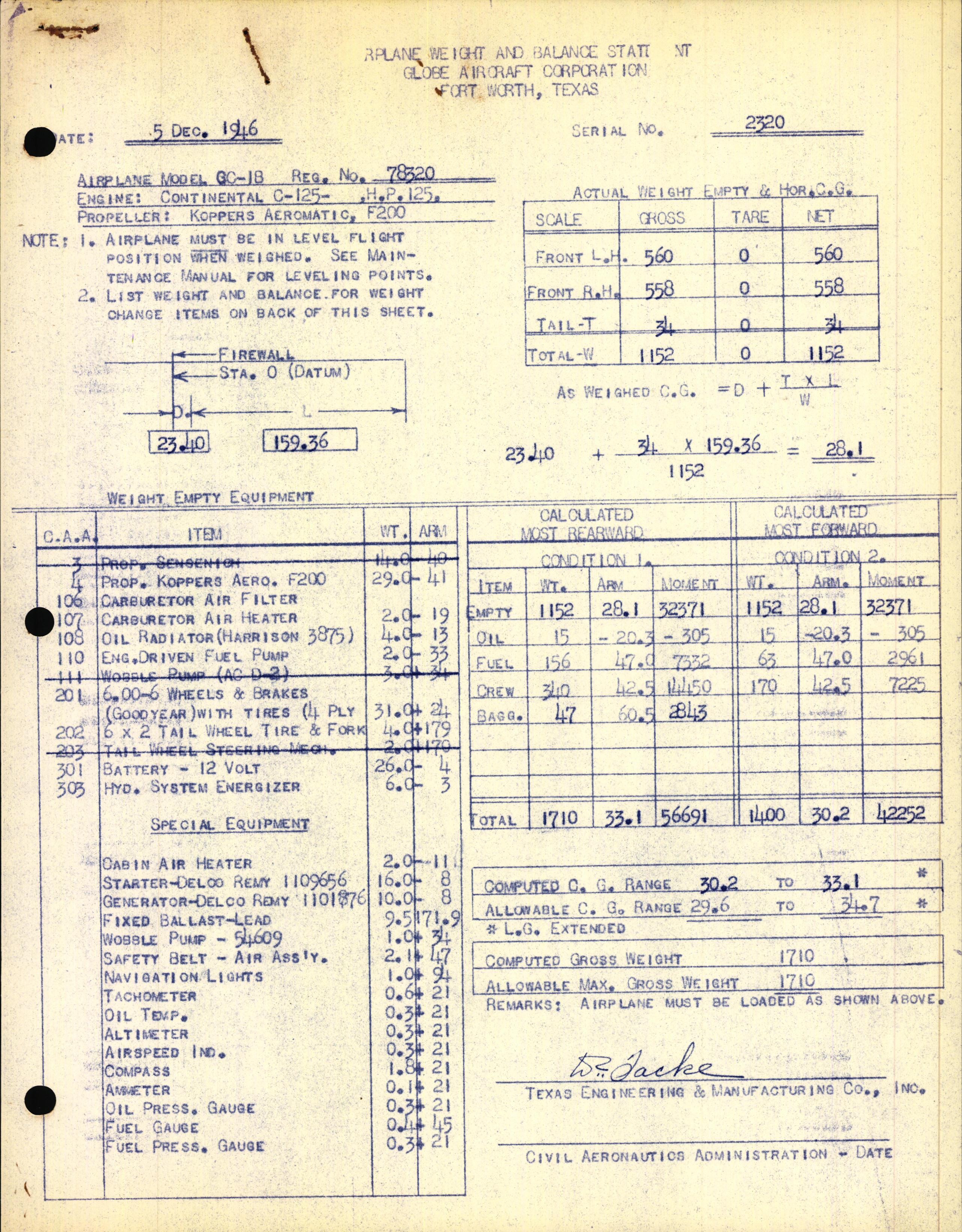 Sample page 1 from AirCorps Library document: Technical Information for Serial Number 2320