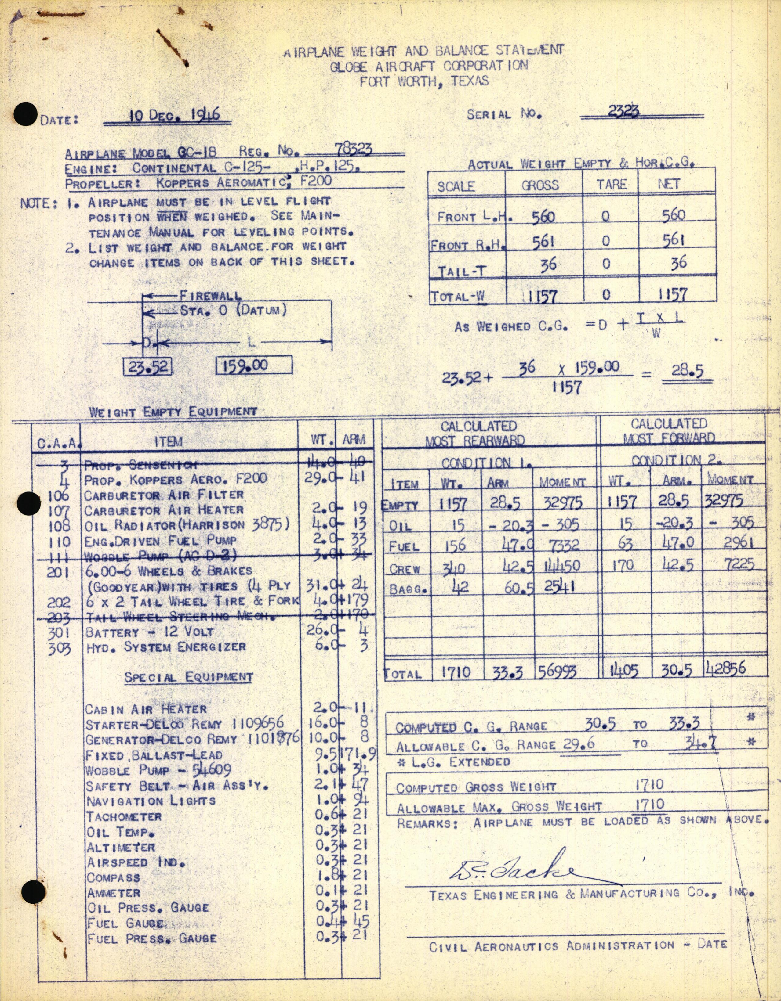 Sample page 1 from AirCorps Library document: Technical Information for Serial Number 2323