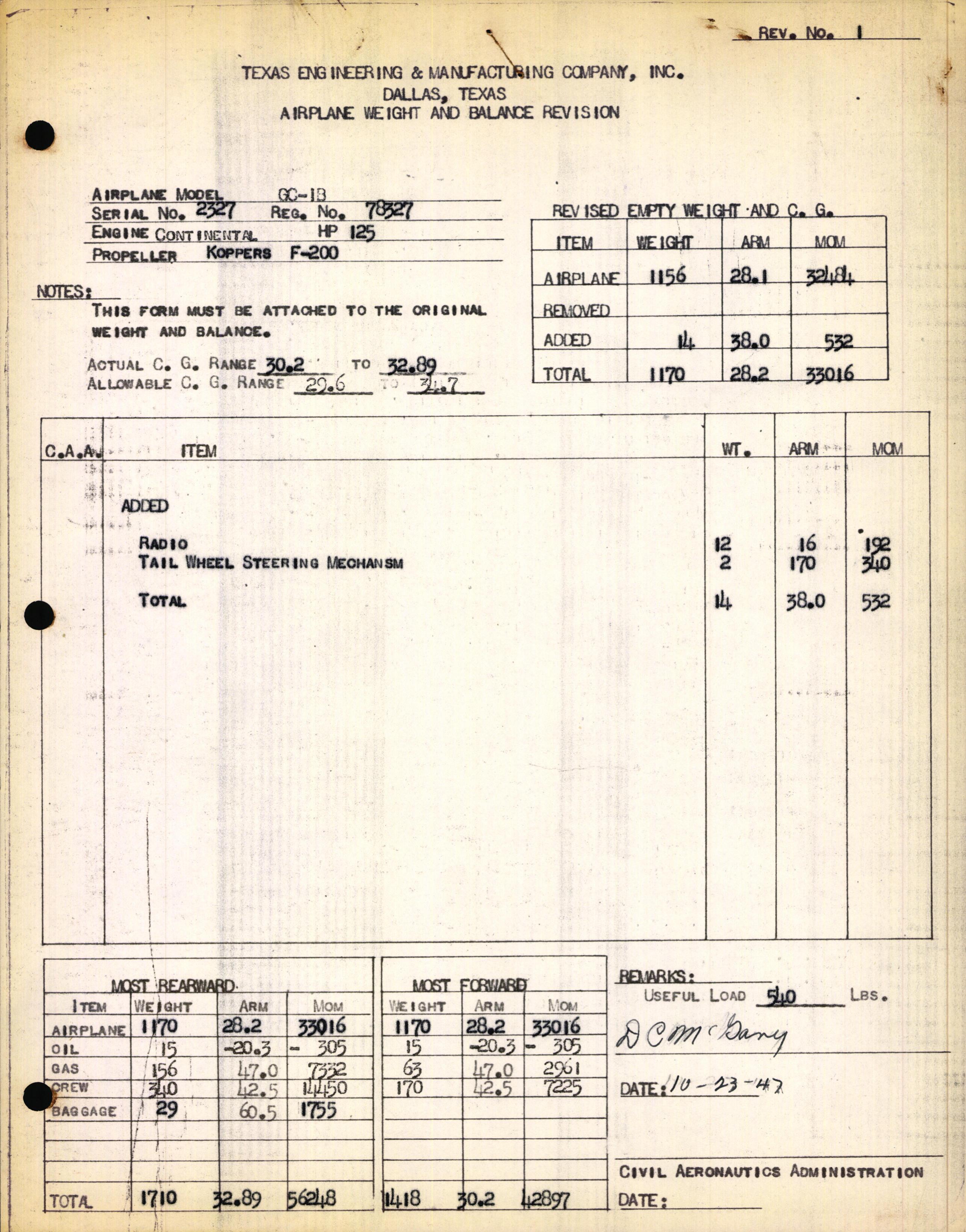 Sample page 1 from AirCorps Library document: Technical Information for Serial Number 2327