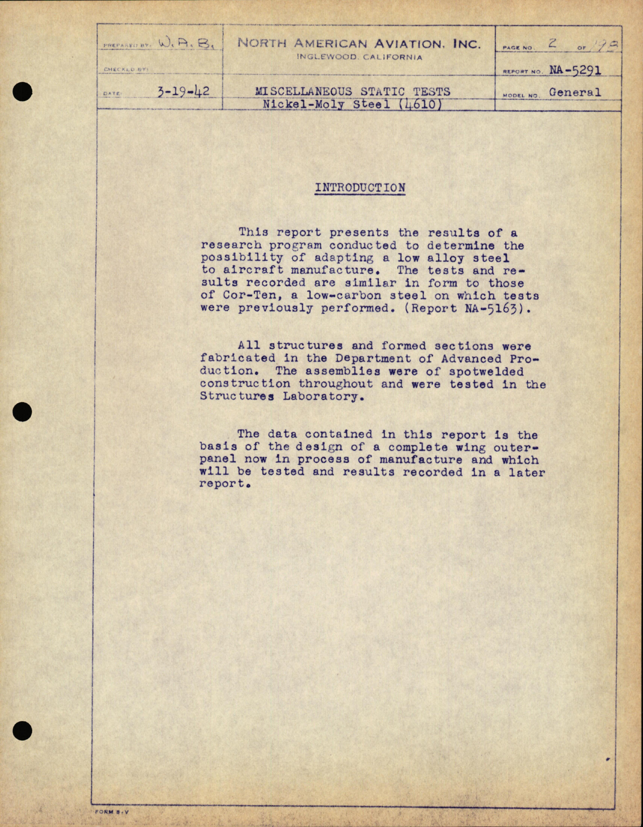 Sample page 5 from AirCorps Library document: Miscellaneous Static Test on Nickel-Moly Steel (4610) Sheet