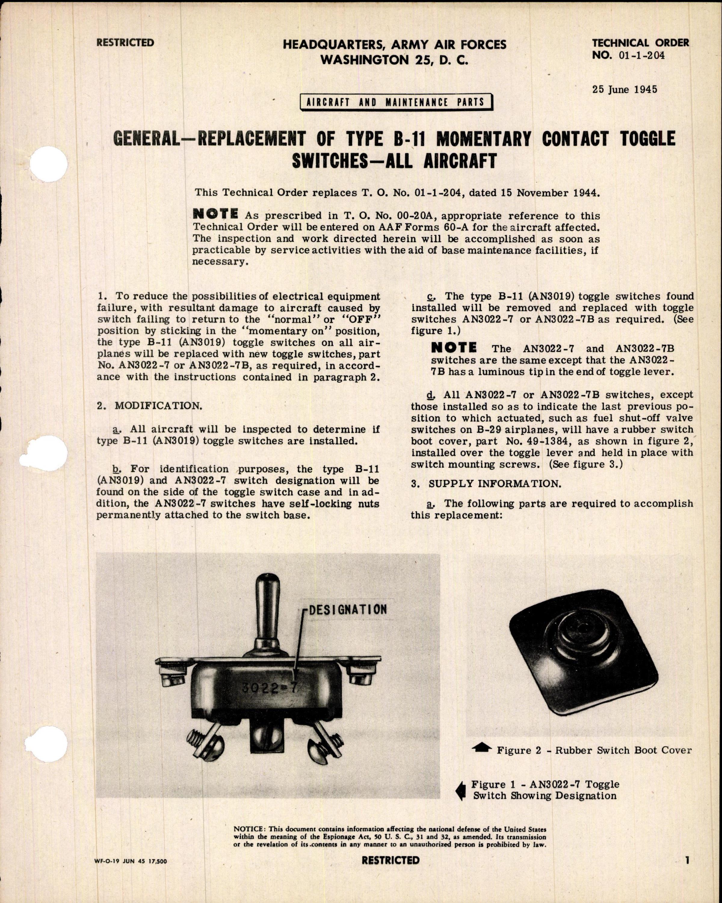Sample page 1 from AirCorps Library document: Replacement of Type B-11 Momentary Contact Toggle Switches for All Aircraft