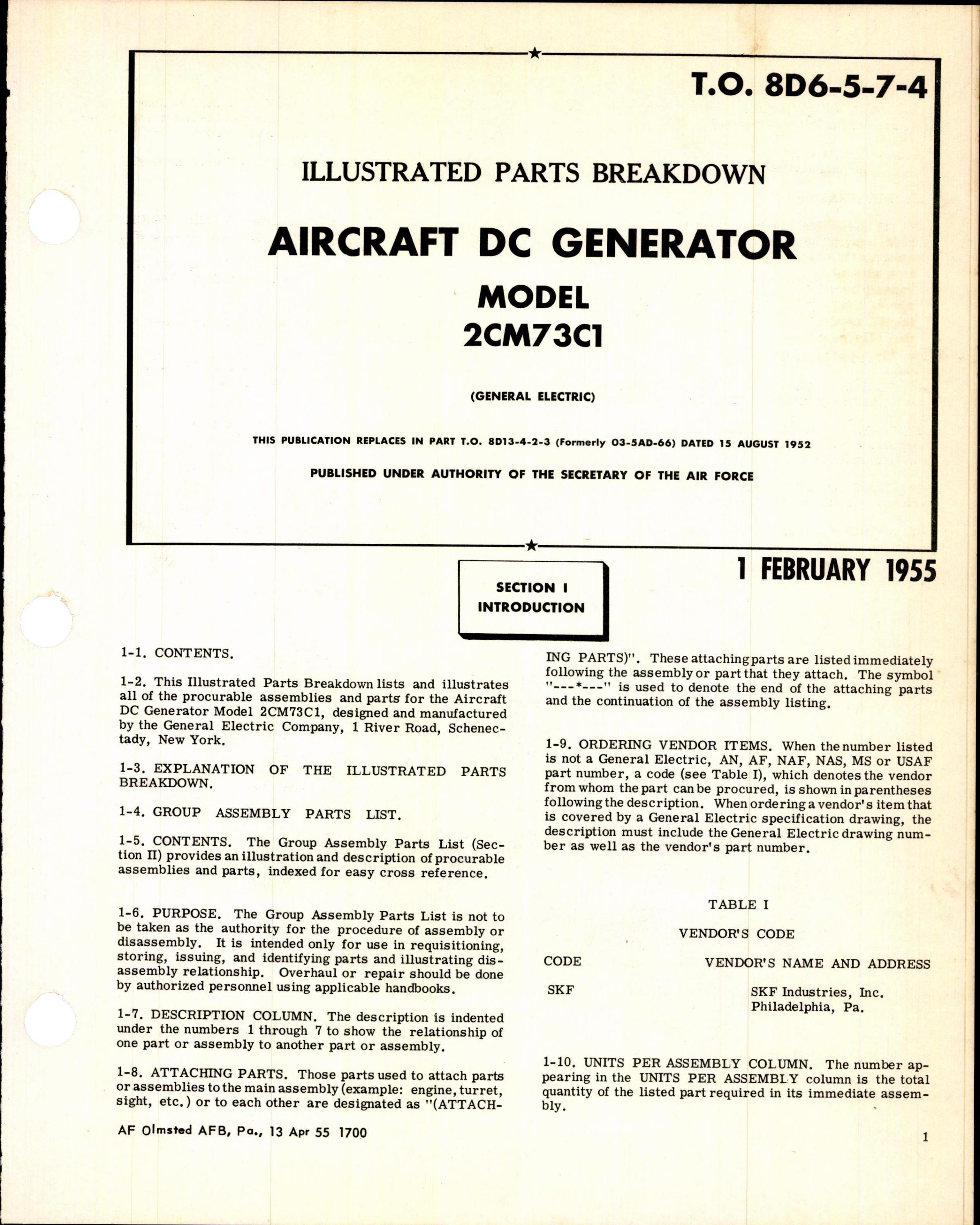 Sample page 1 from AirCorps Library document: Parts Breakdown for Aircraft Generator Model
