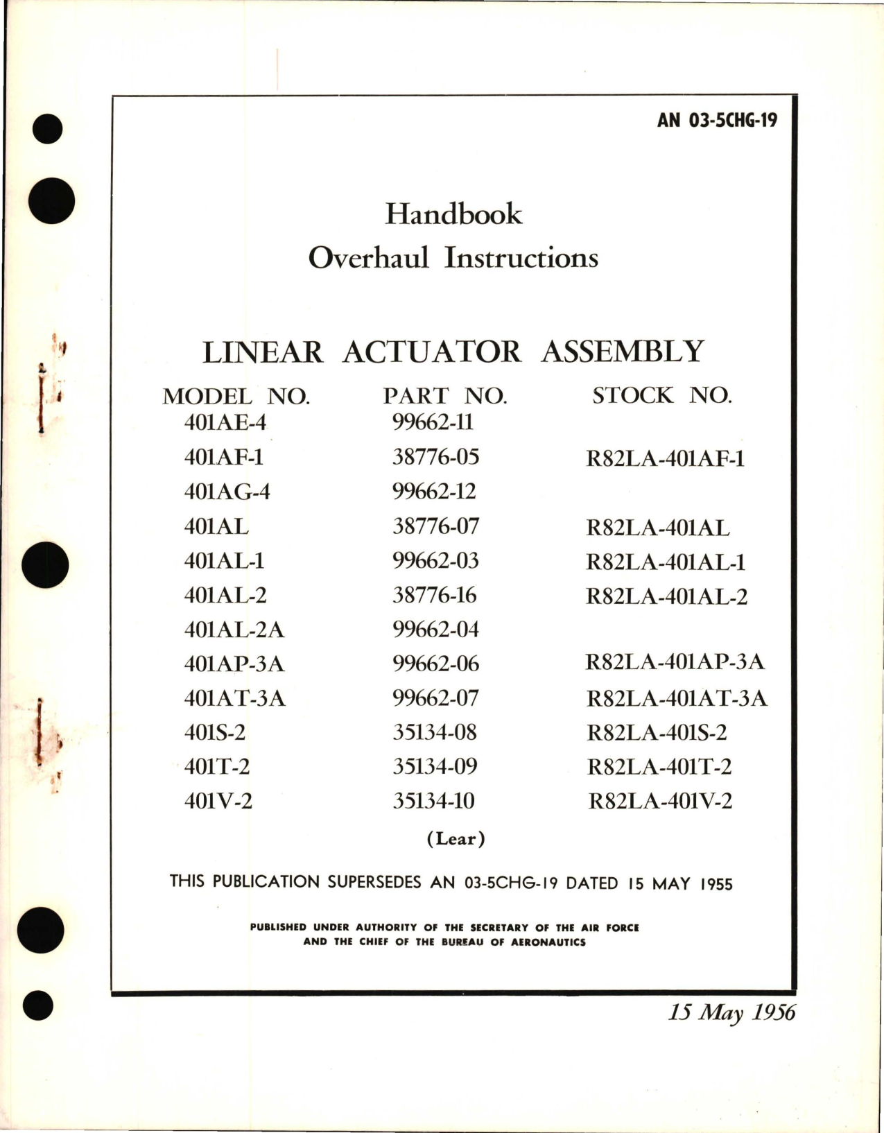 Sample page 1 from AirCorps Library document: Overhaul Instructions for Lear Linear Actuator Assembly 401