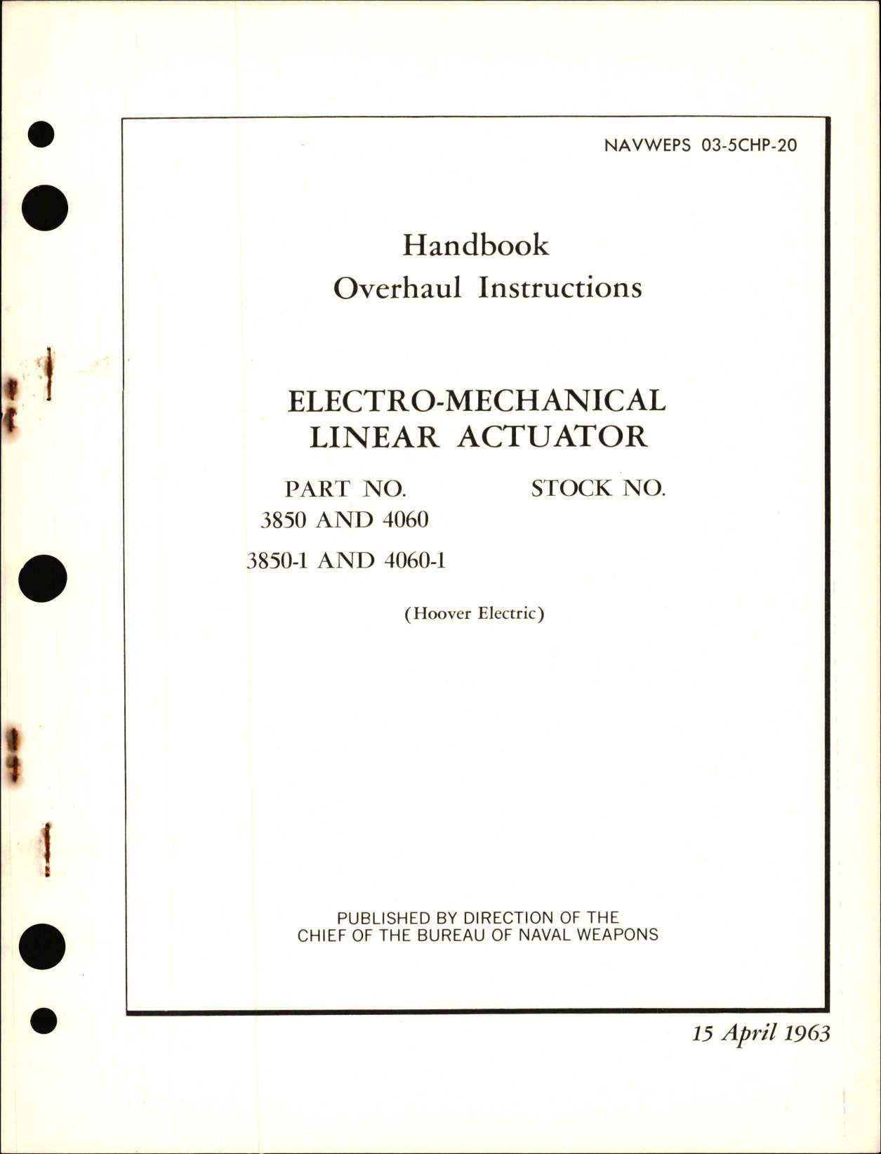 Sample page 1 from AirCorps Library document: Overhaul Instructions for Electro-Mechanical Linear Actuator 3850, 3850-1, 4060, and 4060-1