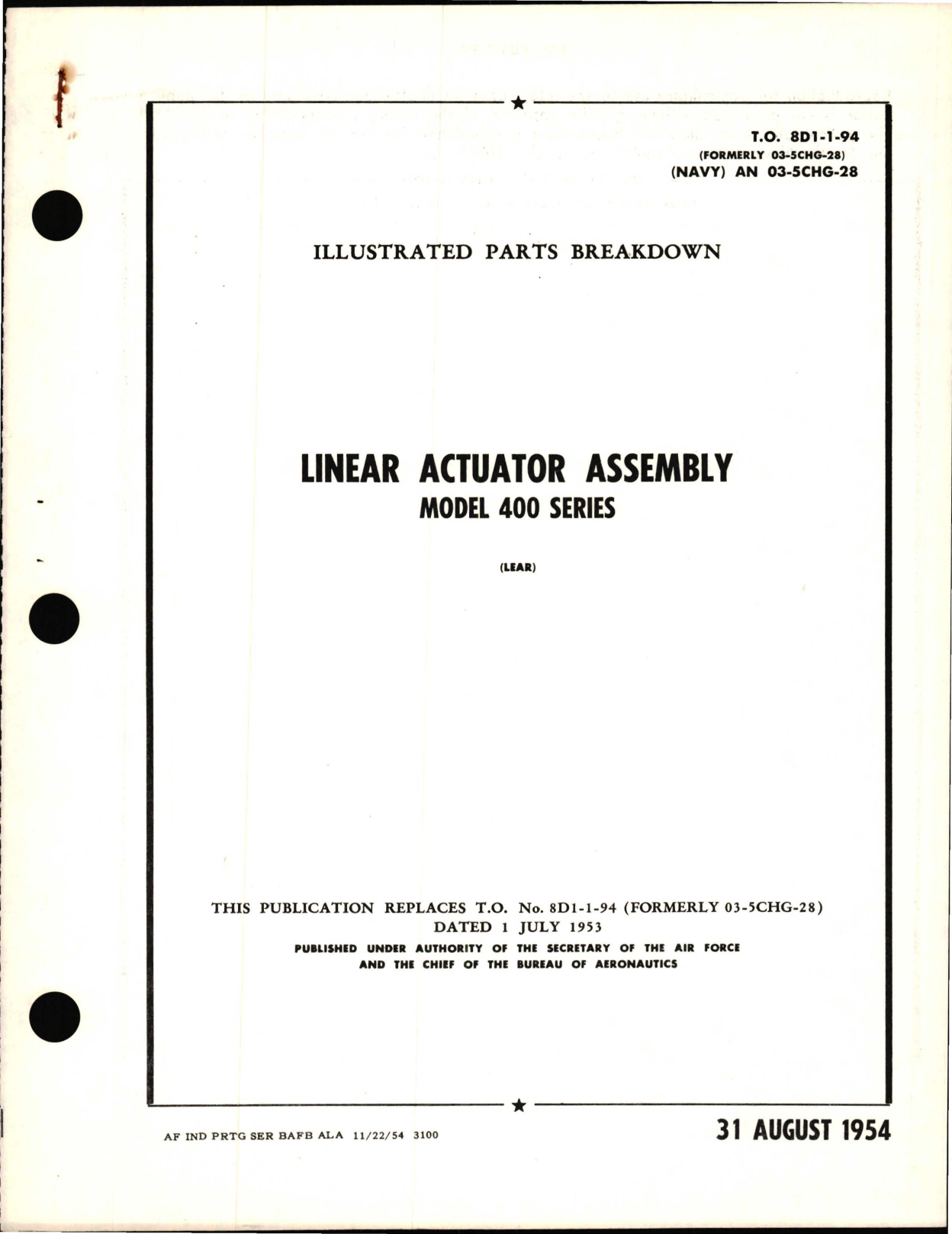 Sample page 1 from AirCorps Library document: Illustrated Parts Breakdown for Linear Actuator Assembly Model 400 Series
