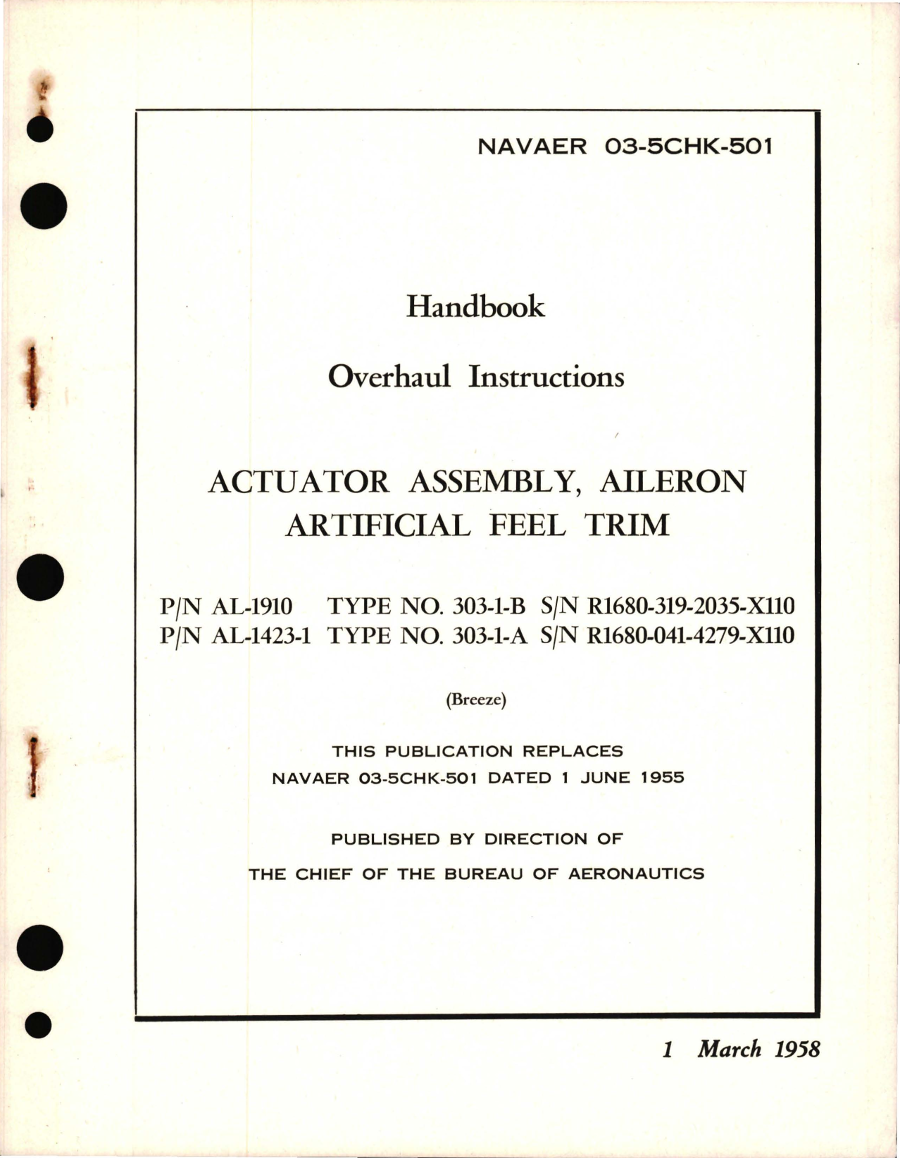 Sample page 1 from AirCorps Library document: Overhaul Instructions for Actuator Assembly, Aileron Artificial Feel Trim Part Numbers AL-1910 and AL-1423-1