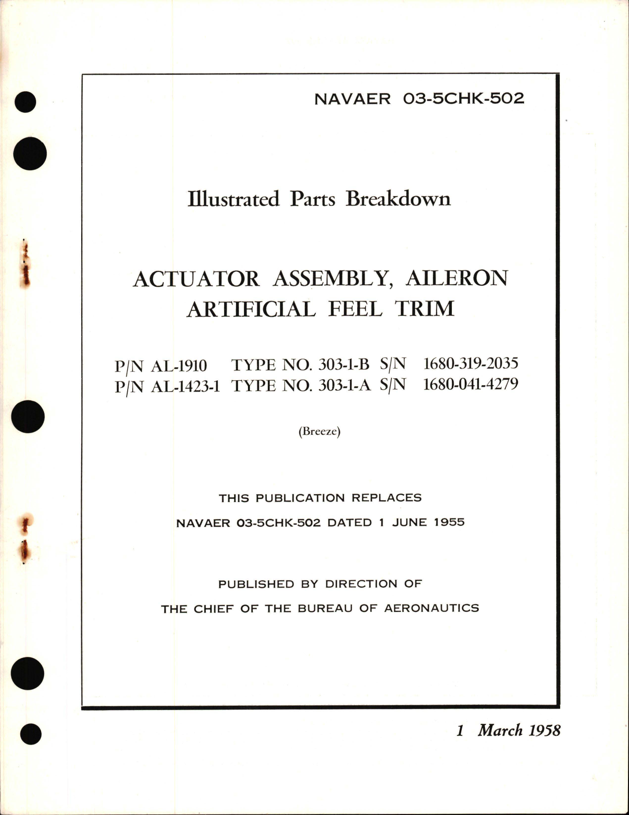 Sample page 1 from AirCorps Library document: Illustrated Parts Breakdown for Actuator Assembly, Aileron Artificial Feel Trim Part Numbers AL-1910 and AL-1423-1