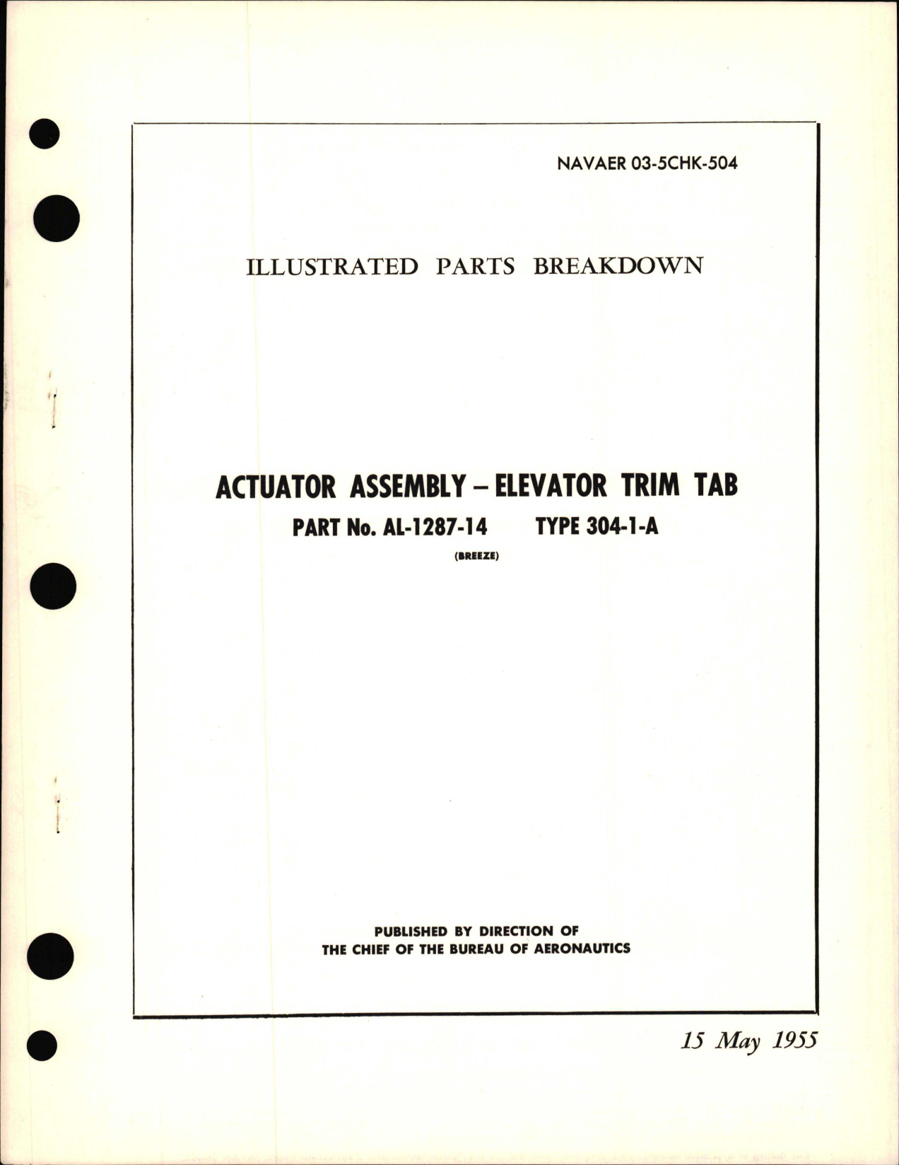 Sample page 1 from AirCorps Library document: Illustrated Parts Breakdown for Actuator Assembly - Elevator Trim Tab Part No. AL-1287-14, Type 304-1-A