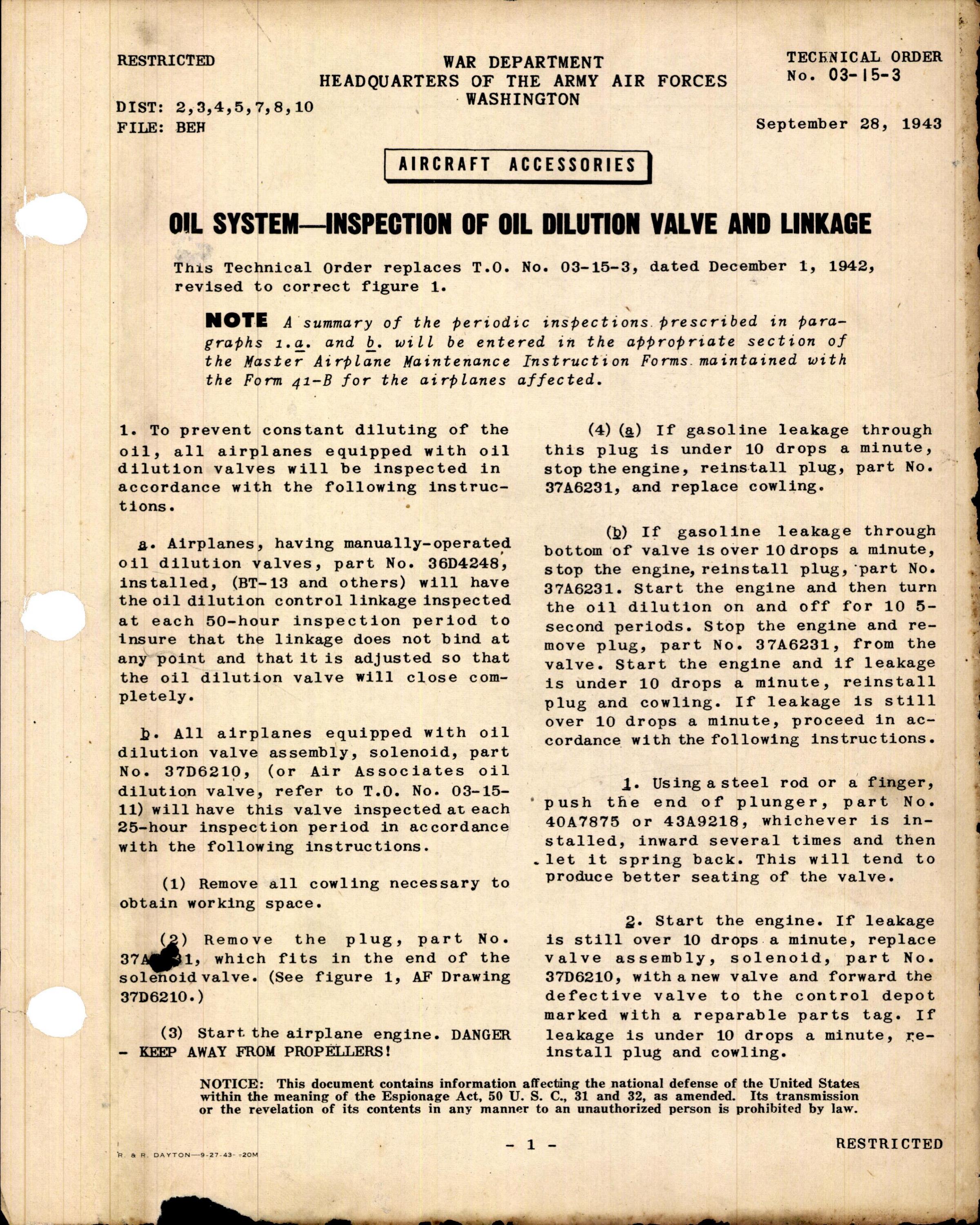 Sample page 1 from AirCorps Library document: Inspection of Oil Dilution Valve and Linkage