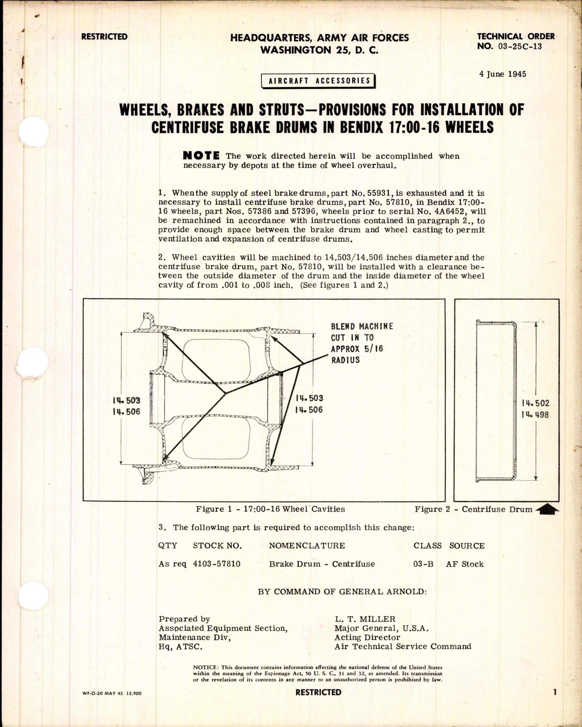 Sample page 1 from AirCorps Library document: Wheels, Brakes and Struts - Provisions for Installation of Centrifuse Brake Drums in Bendix 17:00-16 Wheels