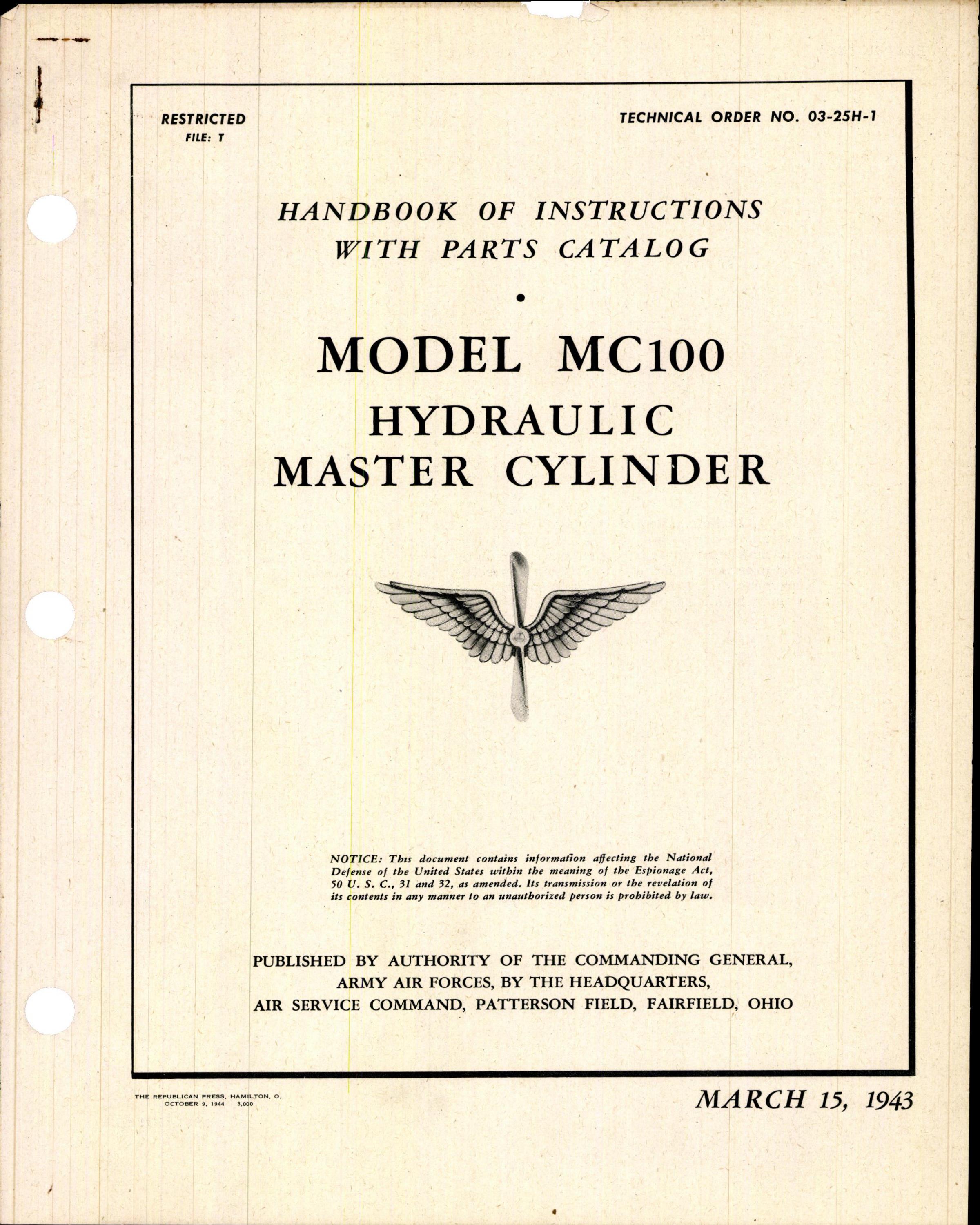 Sample page 1 from AirCorps Library document: Handbook of Instructions with Parts Catalog for Model MC100 Hydraulic Master Cylinder