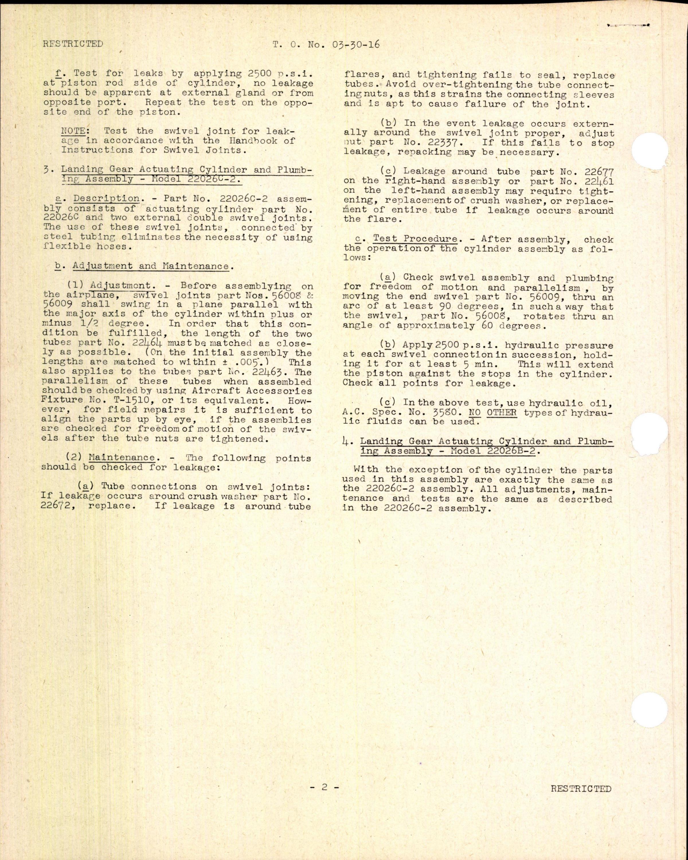 Sample page 2 from AirCorps Library document: Air and Hydraulic System Accessories, Instructions for Landing Gear Cylinder - Model 22026 Series - Airaco