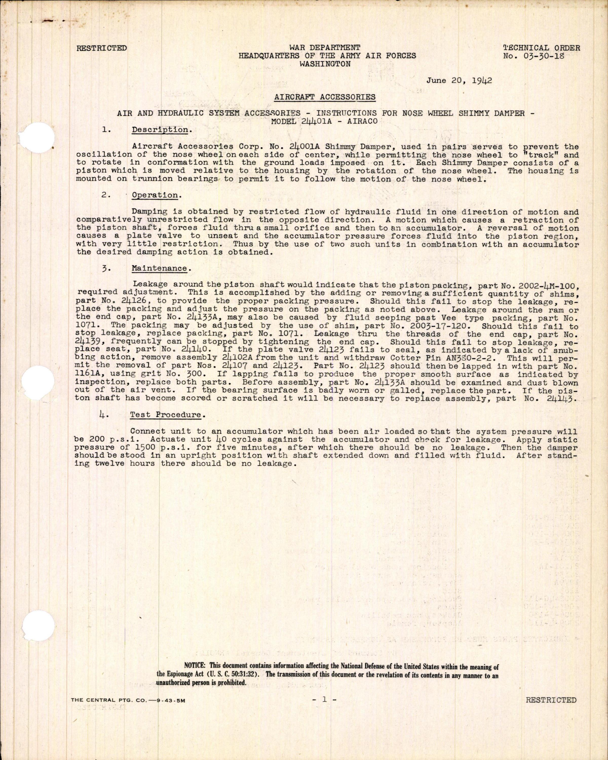 Sample page 1 from AirCorps Library document: Air and Hydraulic System Accessories - Instructions for Nose Wheel Shimmy Damper