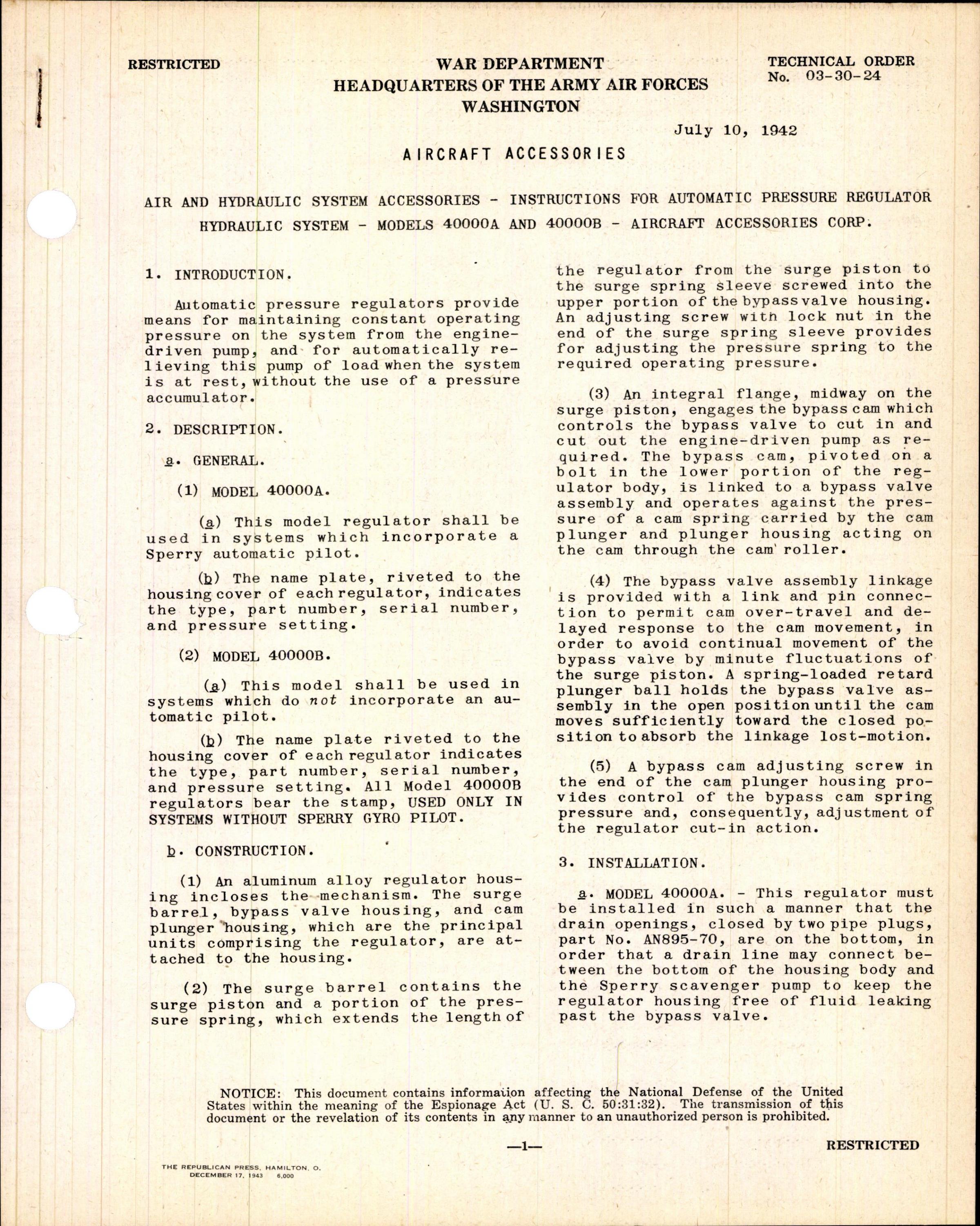 Sample page 1 from AirCorps Library document: Instructions for Automatic Pressure Regulator Hydraulic System