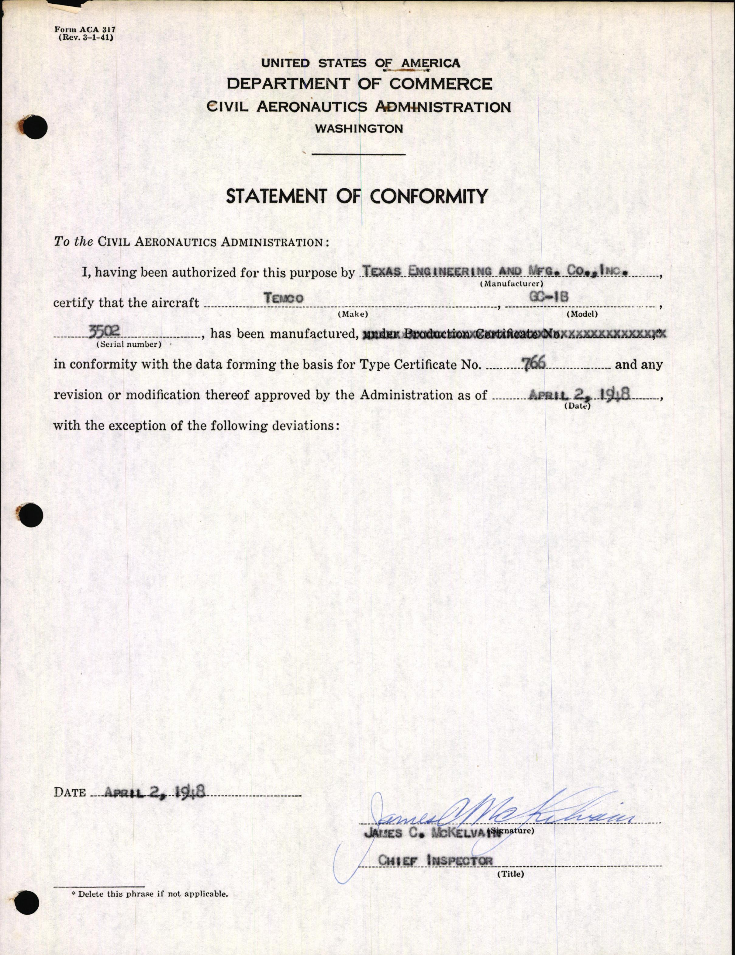 Sample page 1 from AirCorps Library document: Technical Information for Serial Number 3502