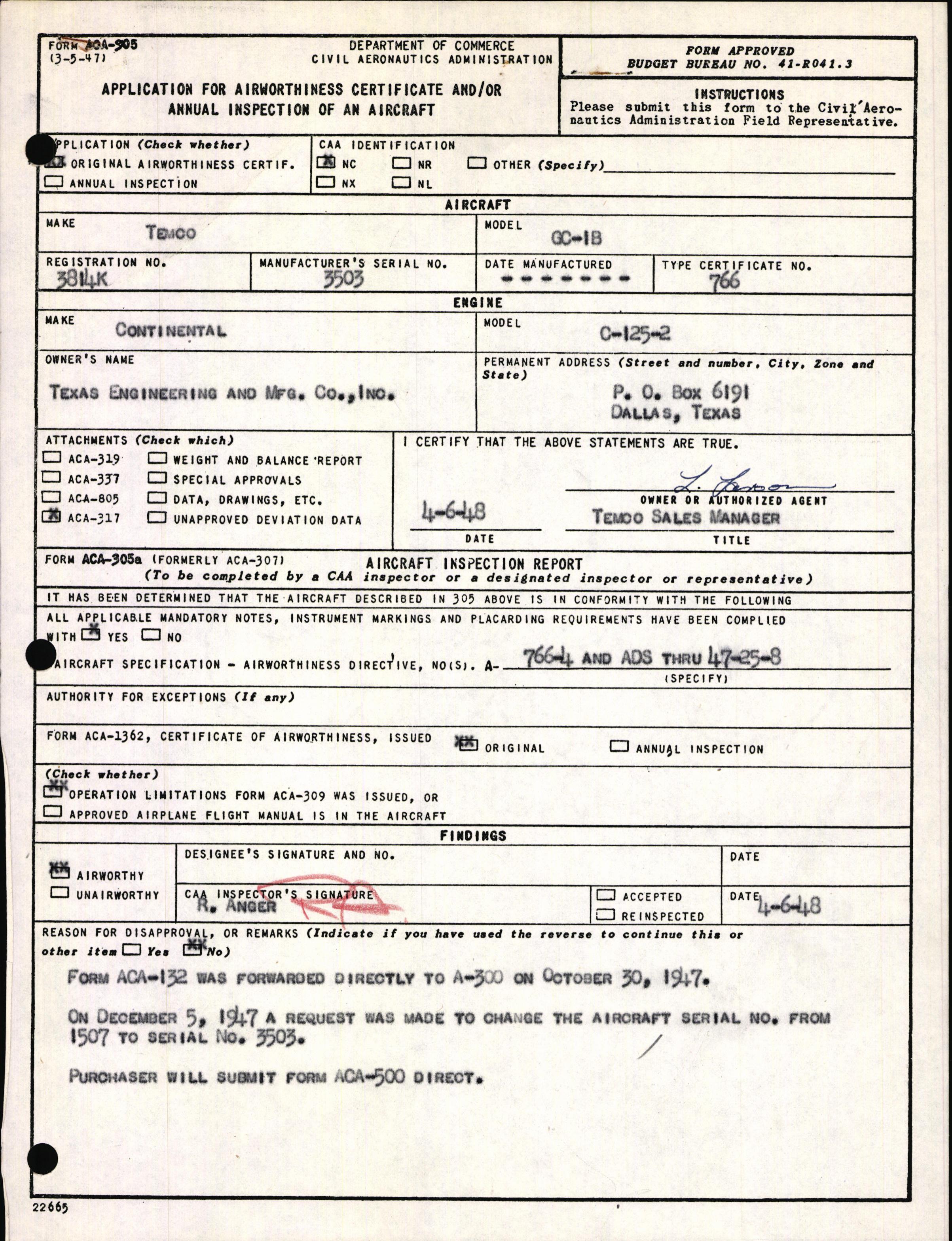 Sample page 1 from AirCorps Library document: Technical Information for Serial Number 3503