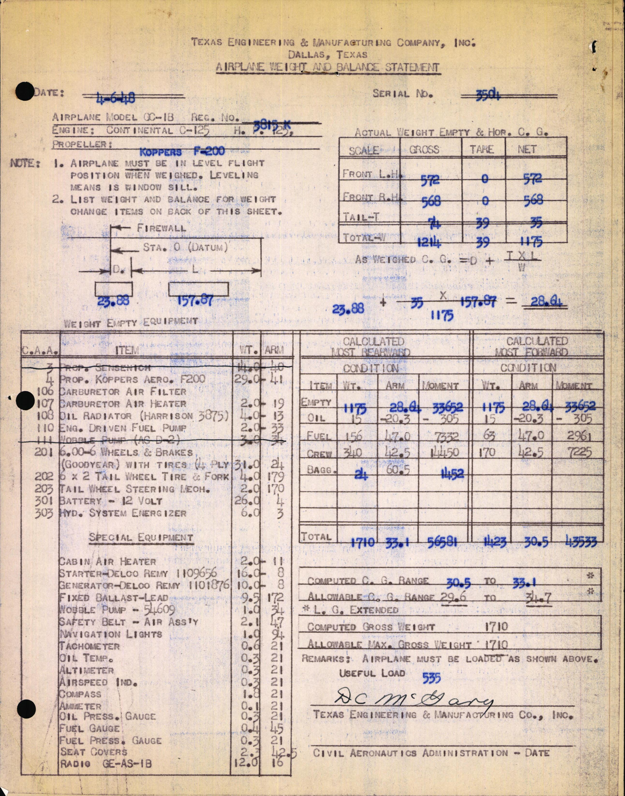Sample page 1 from AirCorps Library document: Technical Information for Serial Number 3504
