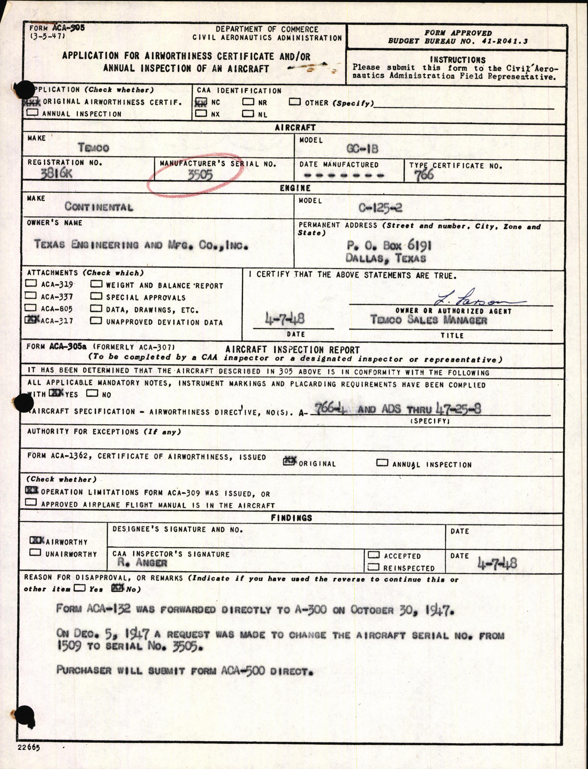 Sample page 1 from AirCorps Library document: Technical Information for Serial Number 3505