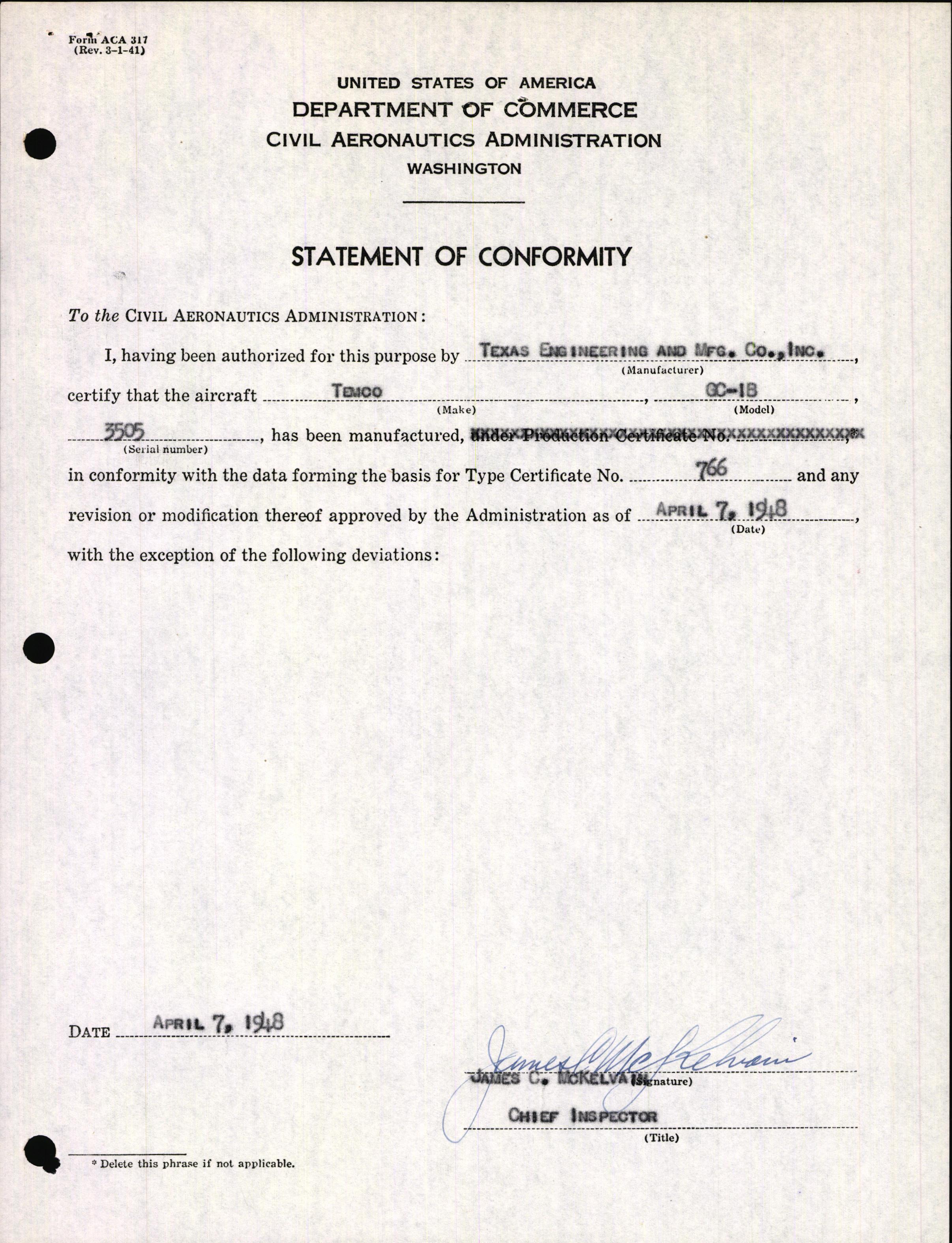 Sample page 3 from AirCorps Library document: Technical Information for Serial Number 3505