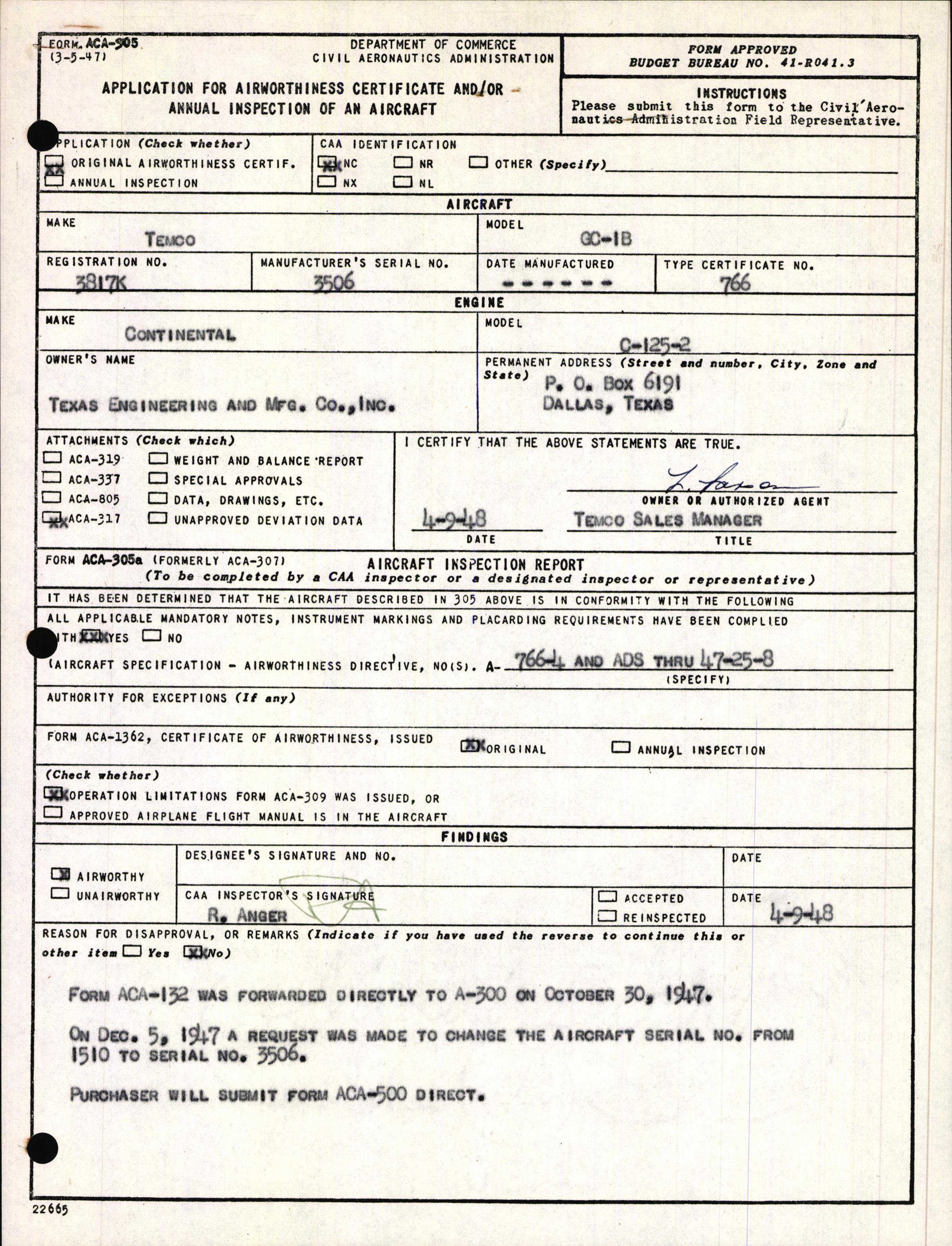 Sample page 1 from AirCorps Library document: Technical Information for Serial Number 3506