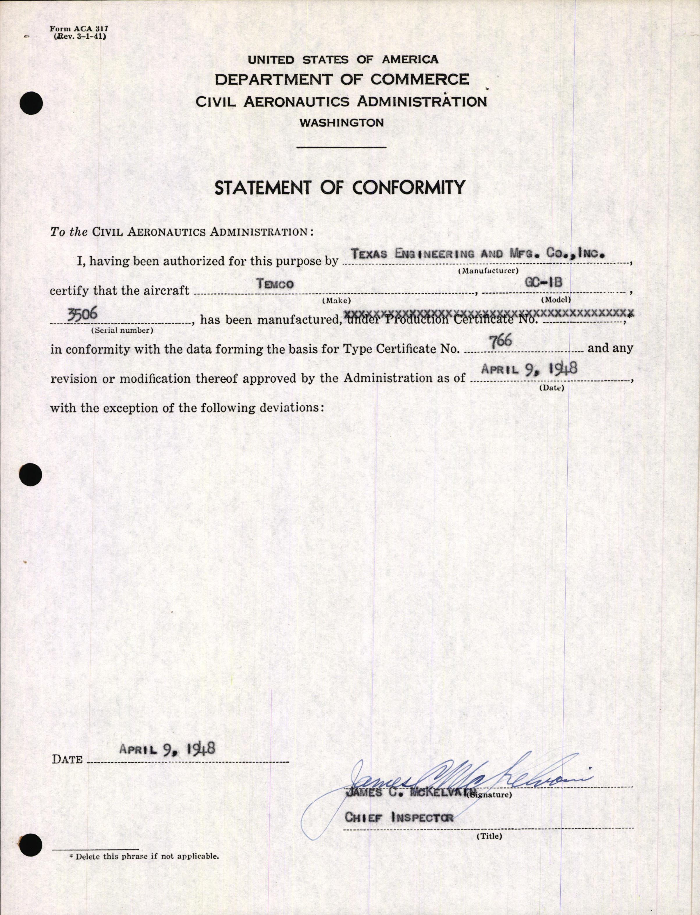 Sample page 3 from AirCorps Library document: Technical Information for Serial Number 3506