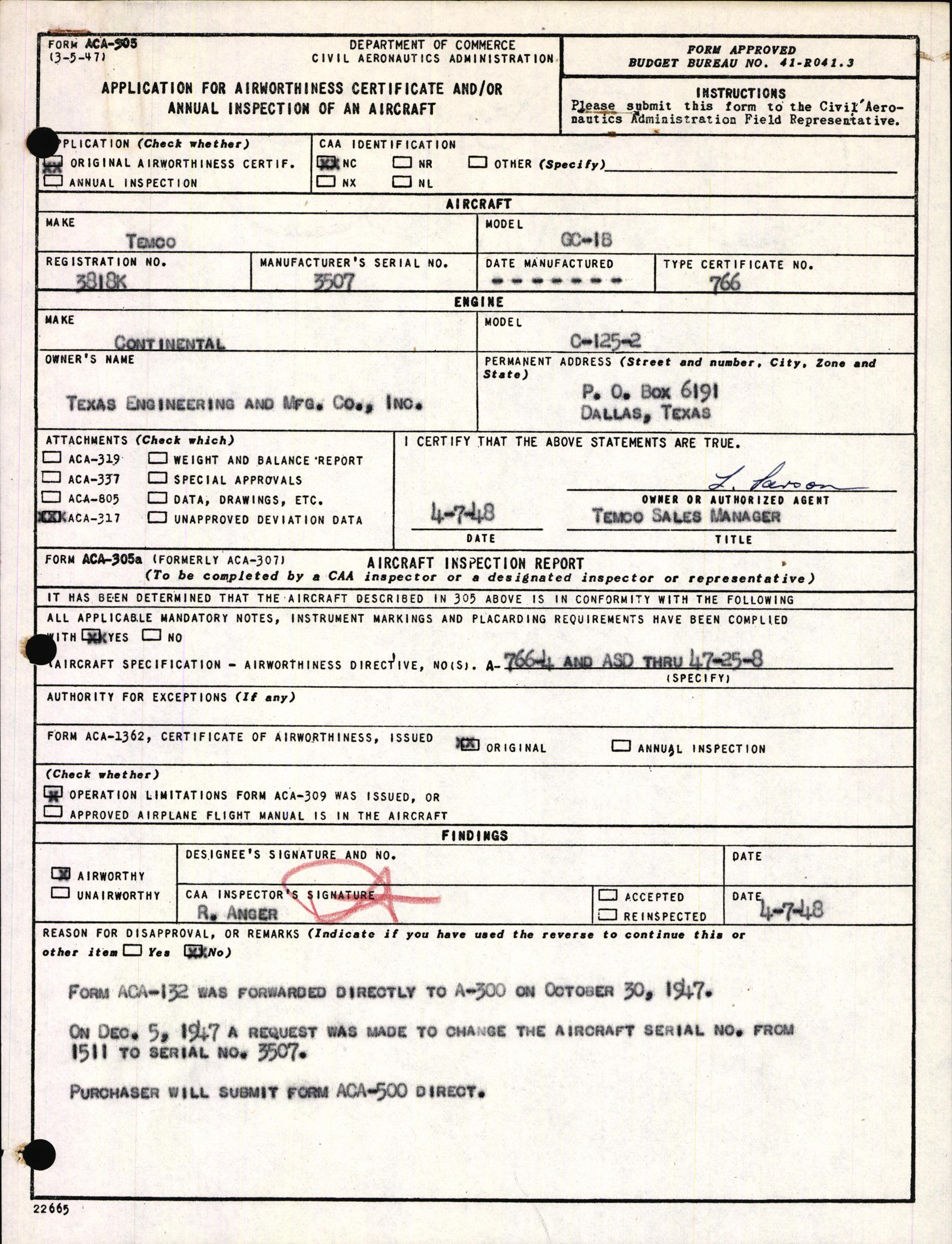 Sample page 1 from AirCorps Library document: Technical Information for Serial Number 3507