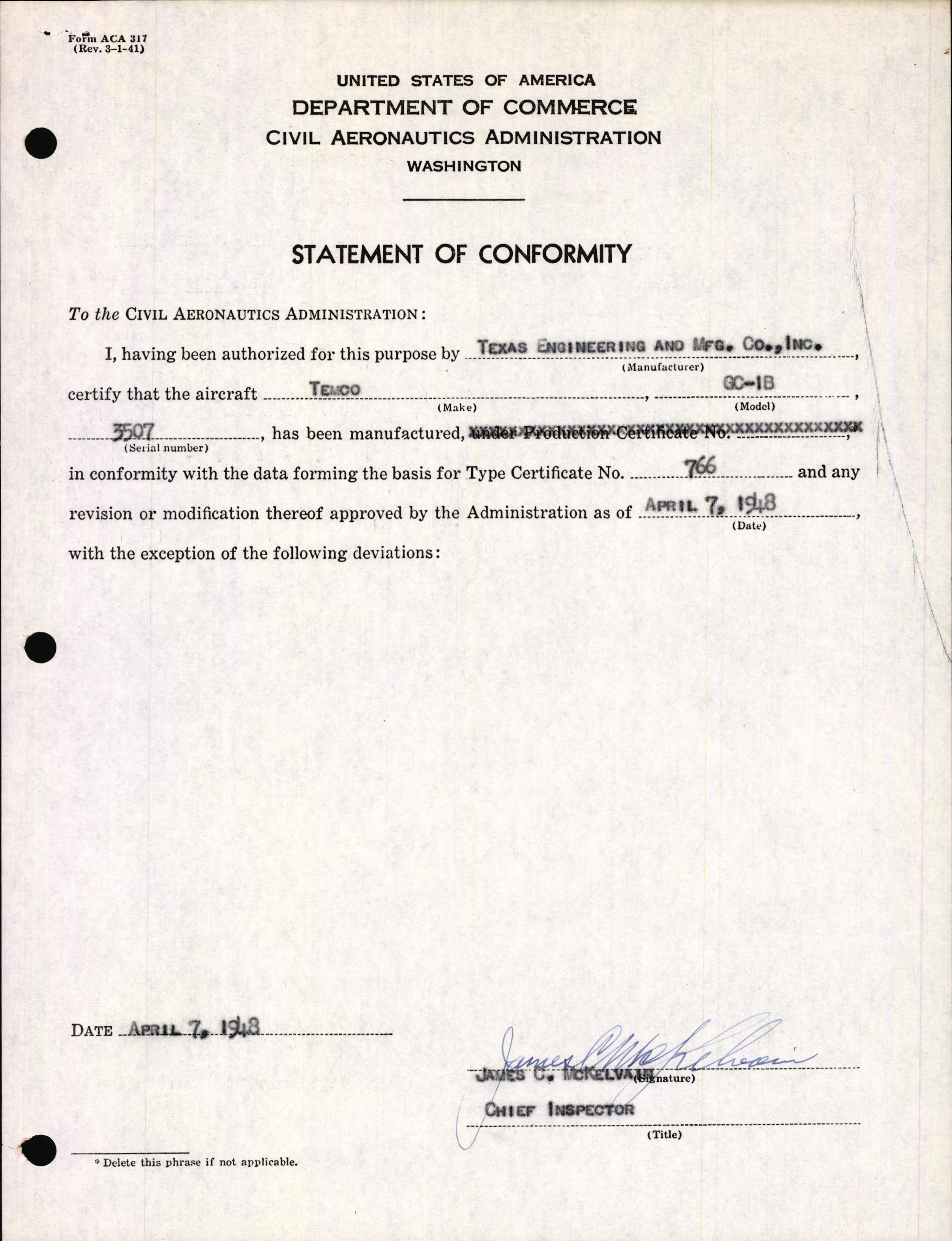 Sample page 3 from AirCorps Library document: Technical Information for Serial Number 3507