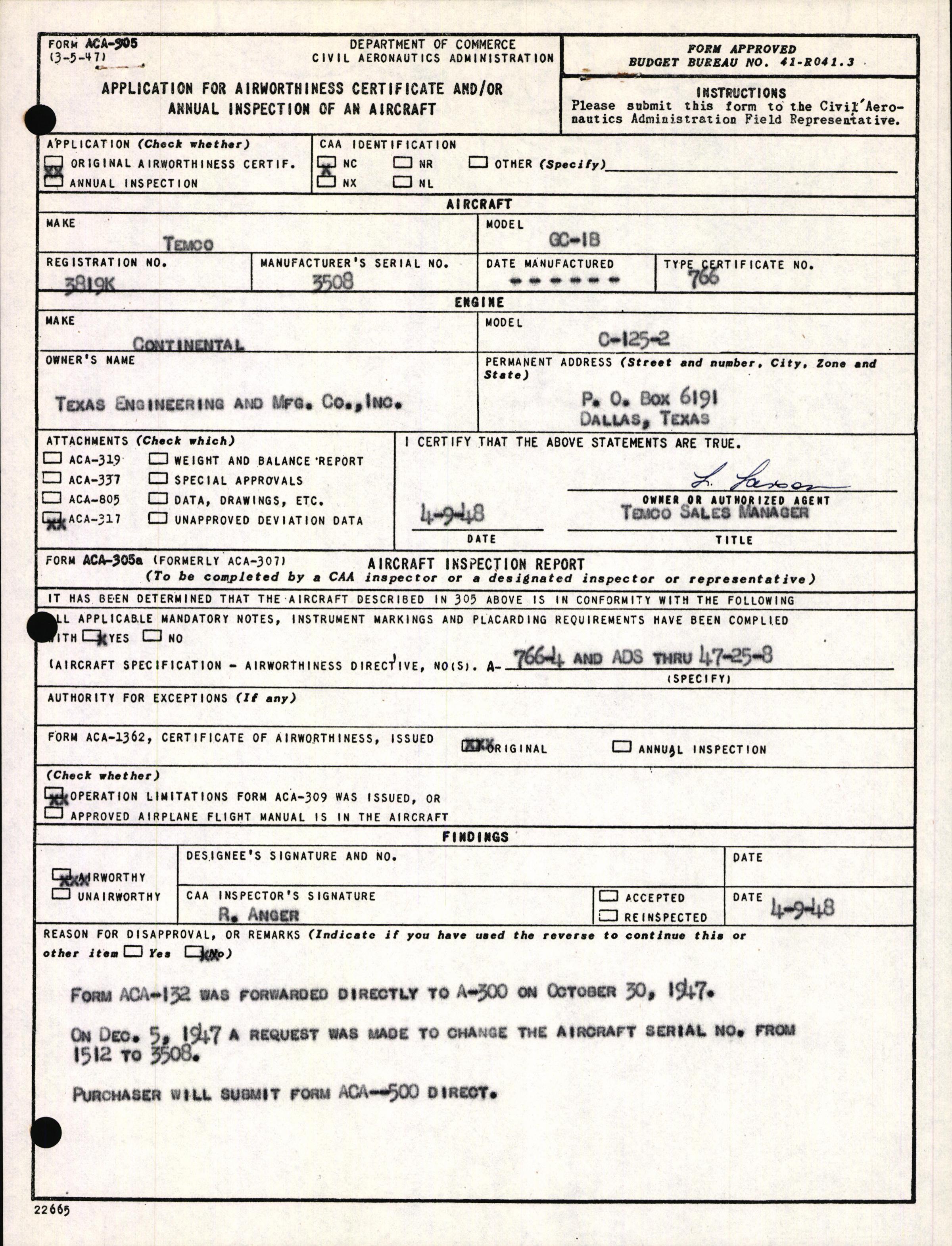 Sample page 1 from AirCorps Library document: Technical Information for Serial Number 3508